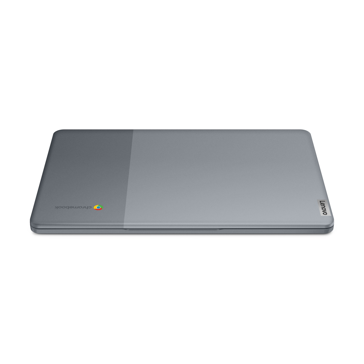Laptop Lenovo Chromebook grigio chiuso su sfondo bianco.