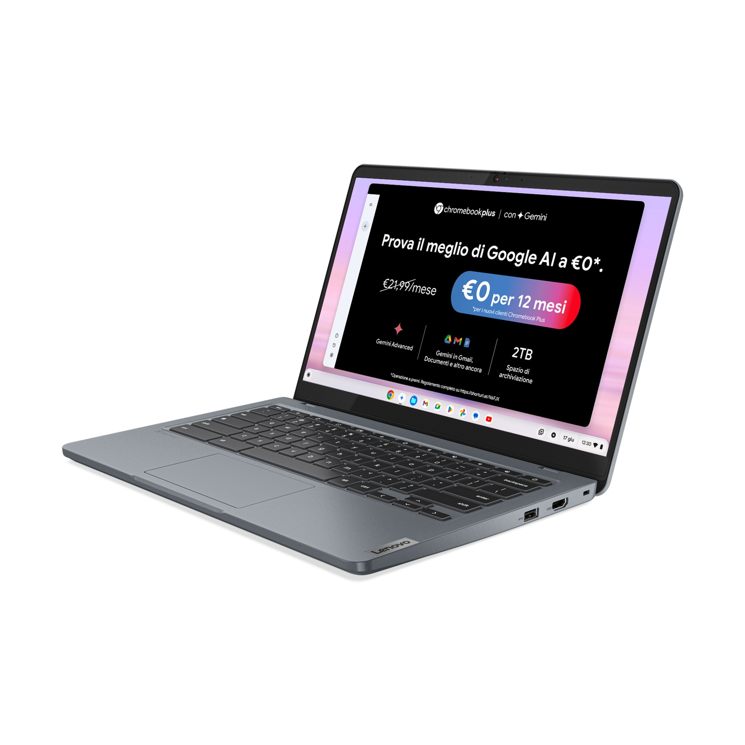 Un laptop grigio su sfondo bianco. È aperto e lo schermo mostra una pubblicità.