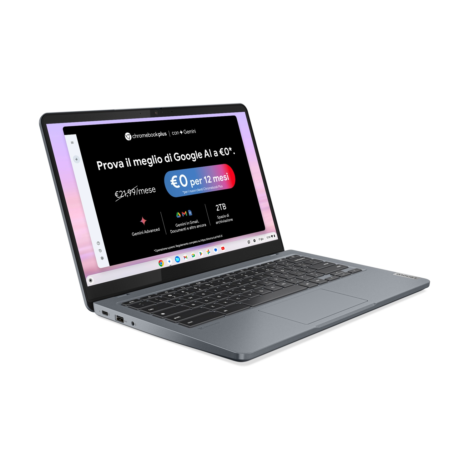 Laptop con schermo promozionale. Tastiera e cornice grigie. Sfondo bianco.