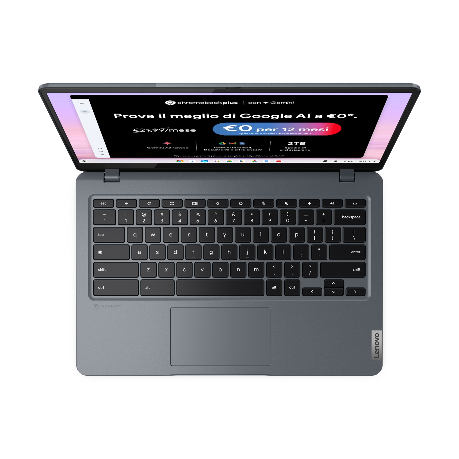 Laptop con schermo aperto che mostra una pagina web, su una superficie grigio chiaro.