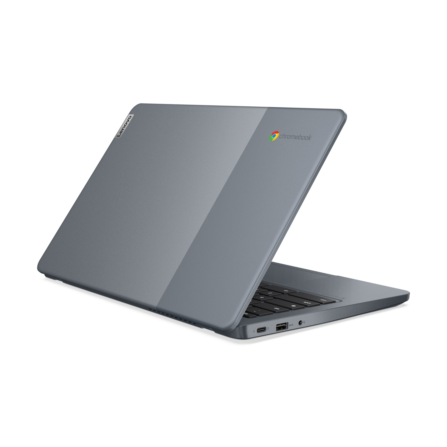 Un laptop Lenovo Chromebook grigio, leggermente angolato su sfondo bianco.