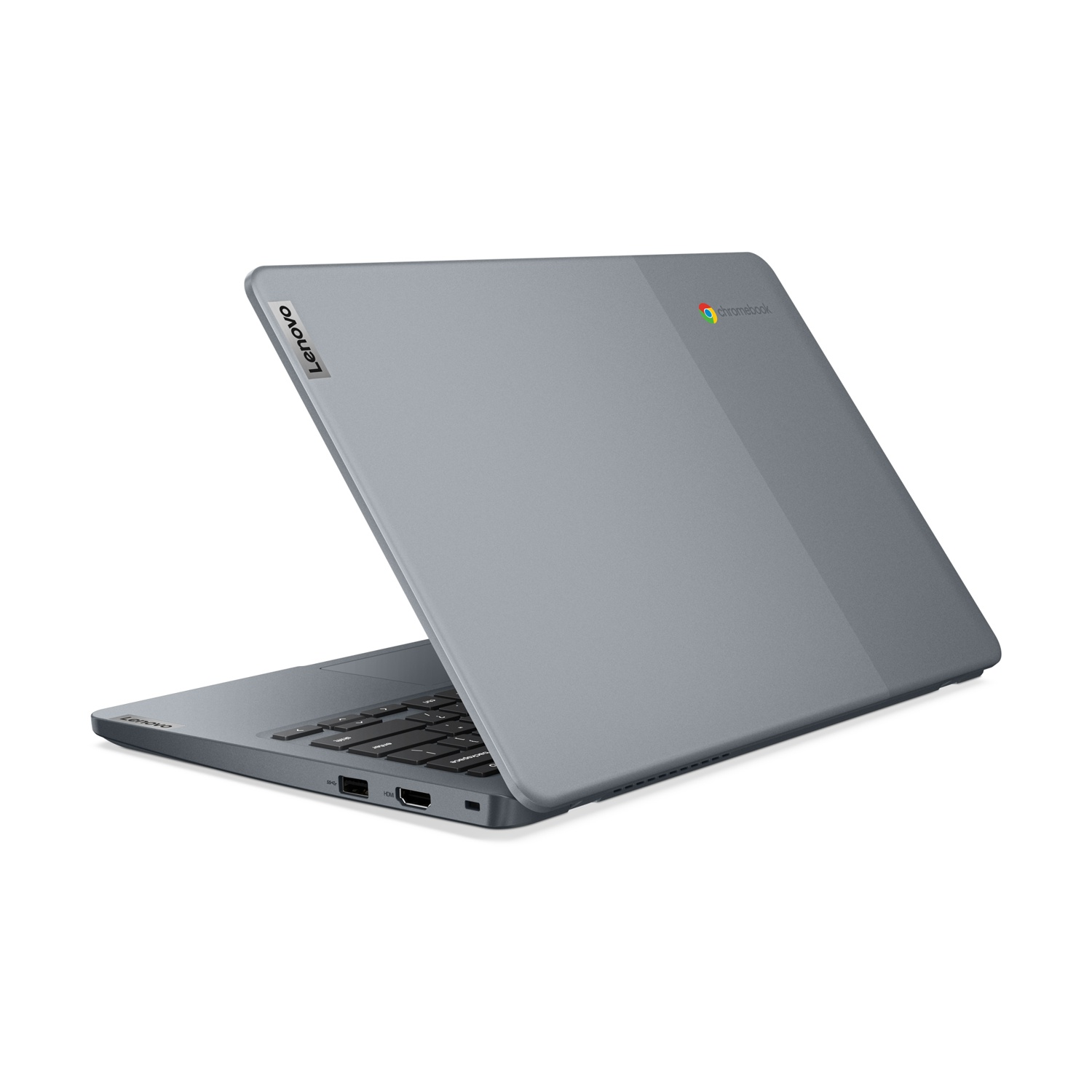 Laptop Chromebook Lenovo grigio, vista posteriore, parzialmente aperto.
