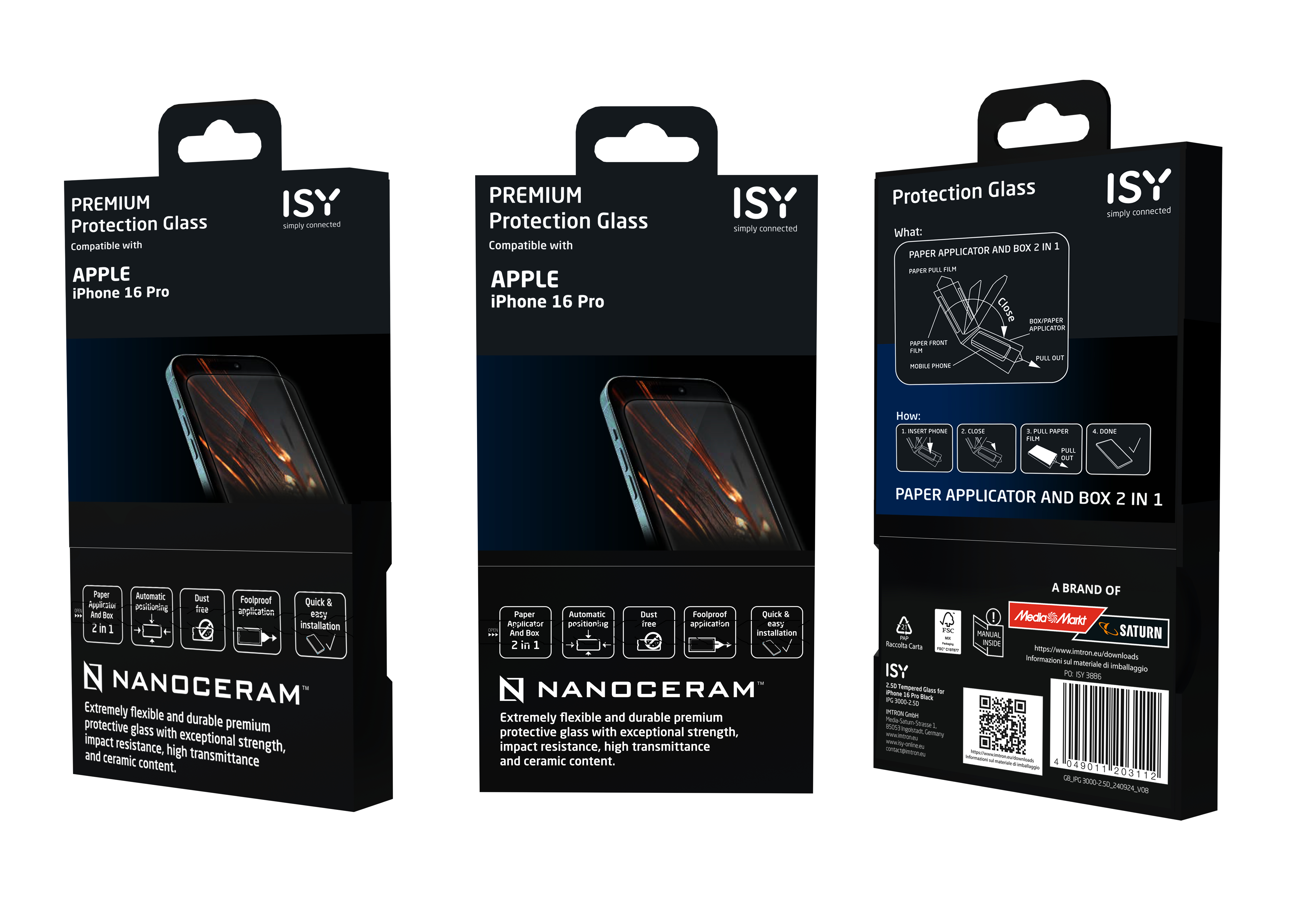 Verpackung für iPhone 16 Pro Displayschutz. Drei Ansichten: vorne, Seite und hinten.