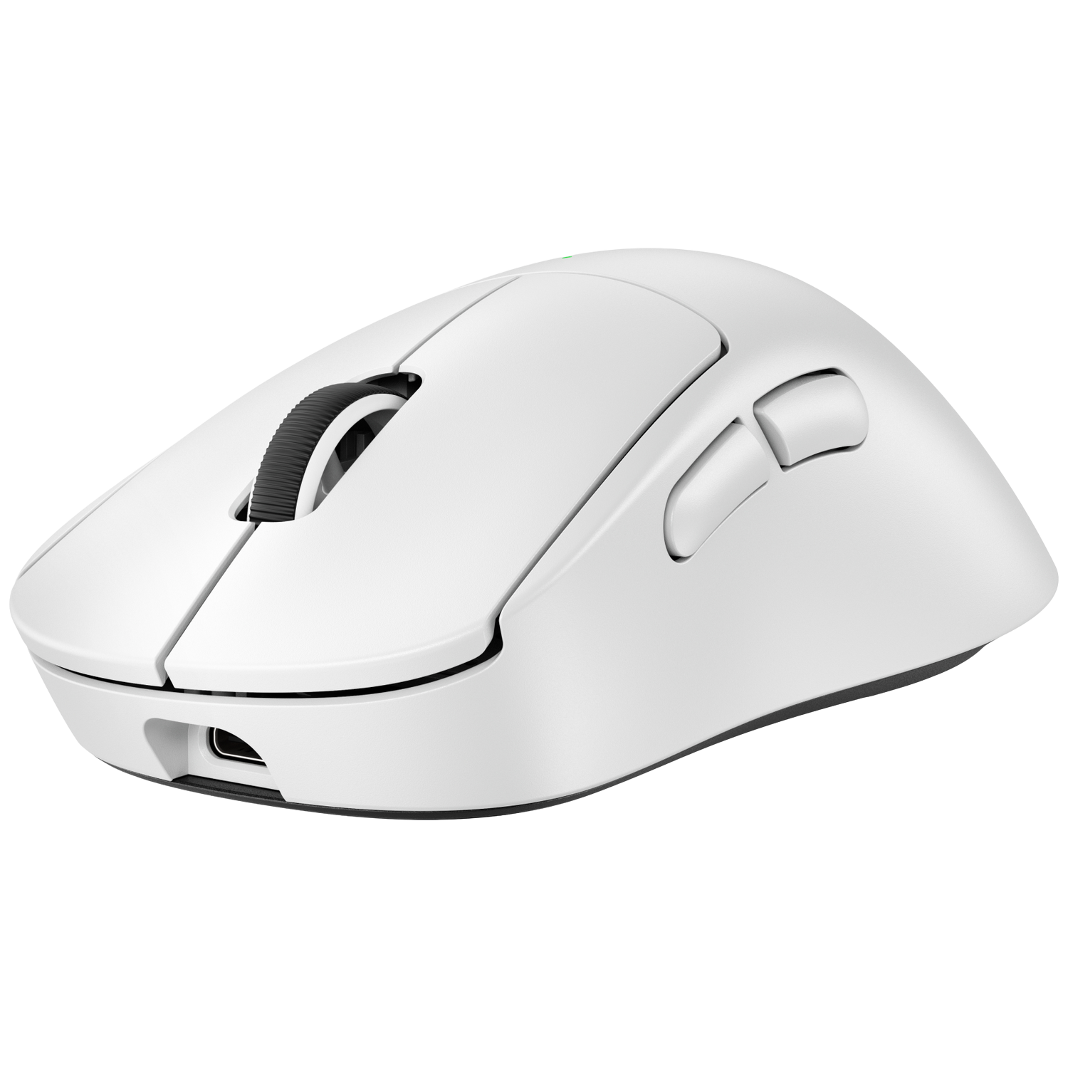 Een witte draadloze muis met USB-C poort aan de voorkant en een scrollwiel.