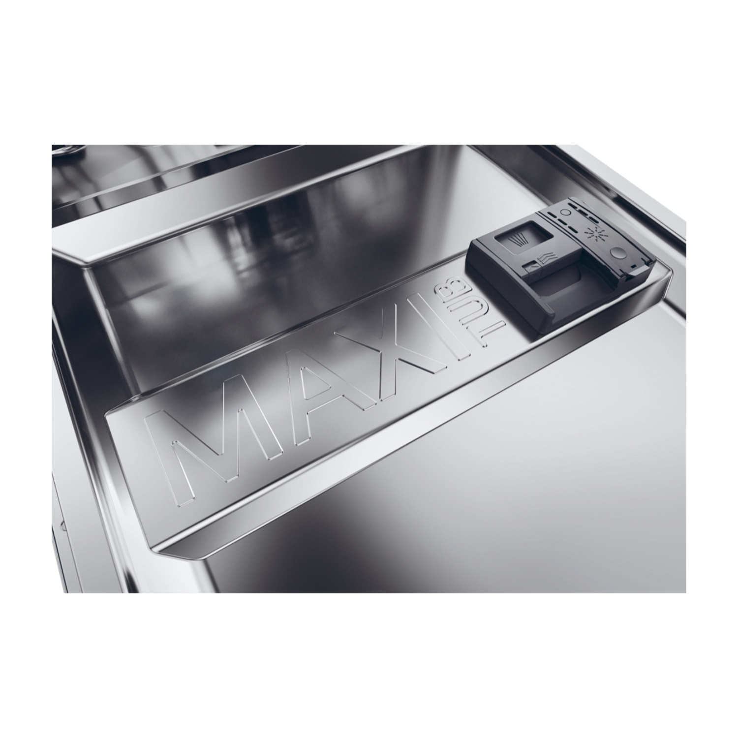 Interno lavastoviglie, con linea MAX visibile. Dosatore detersivo a destra.