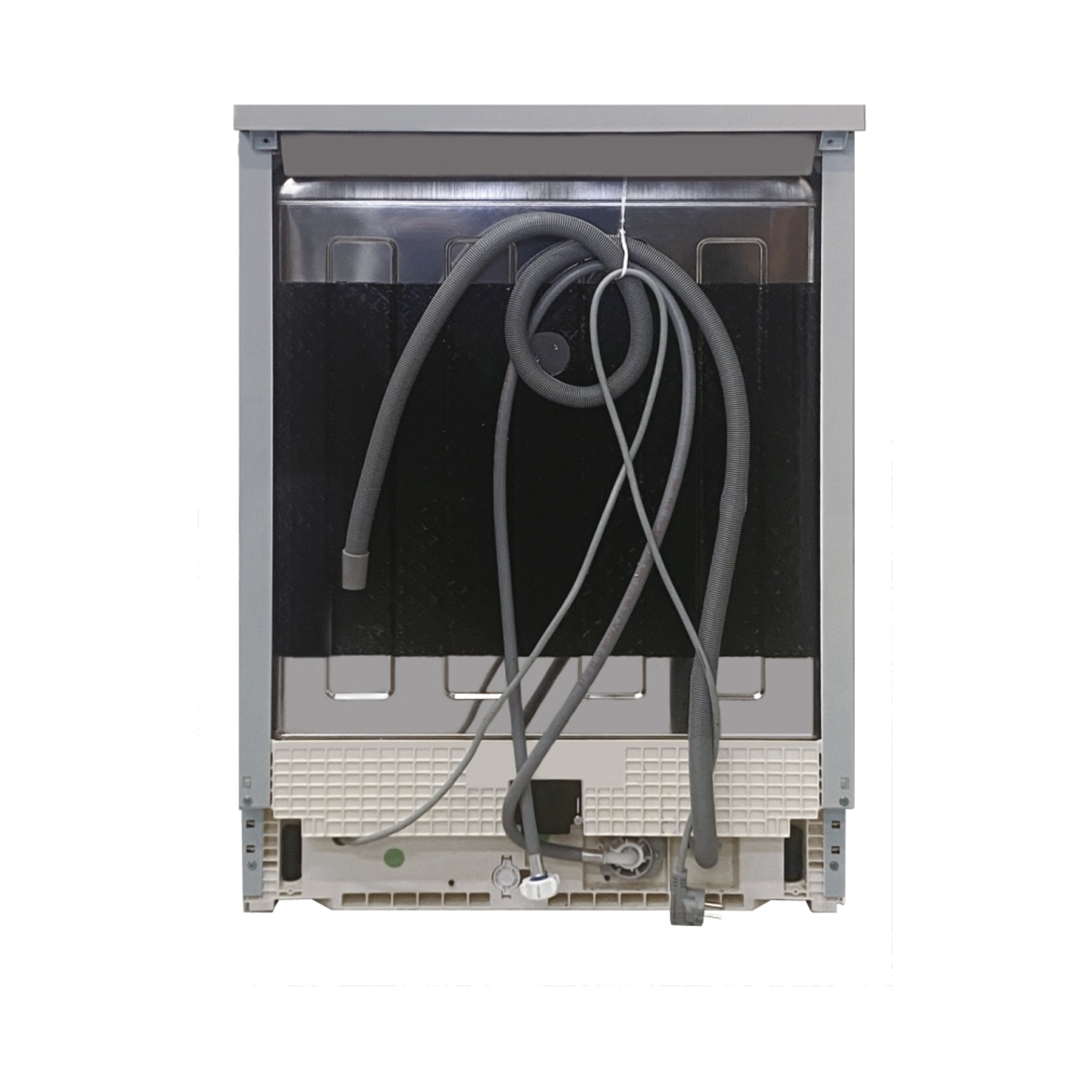Retro di una lavastoviglie, che mostra l'impianto idraulico e i componenti elettrici.