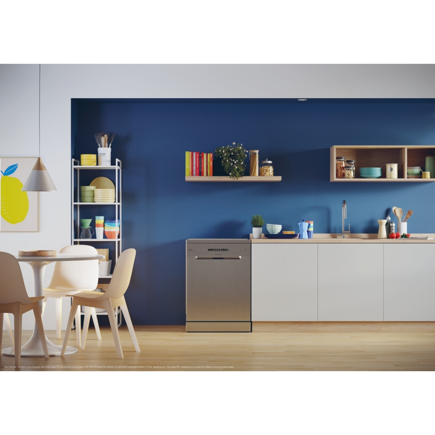 Scena della cucina con lavastoviglie, pareti bianche e blu e decorazioni.
