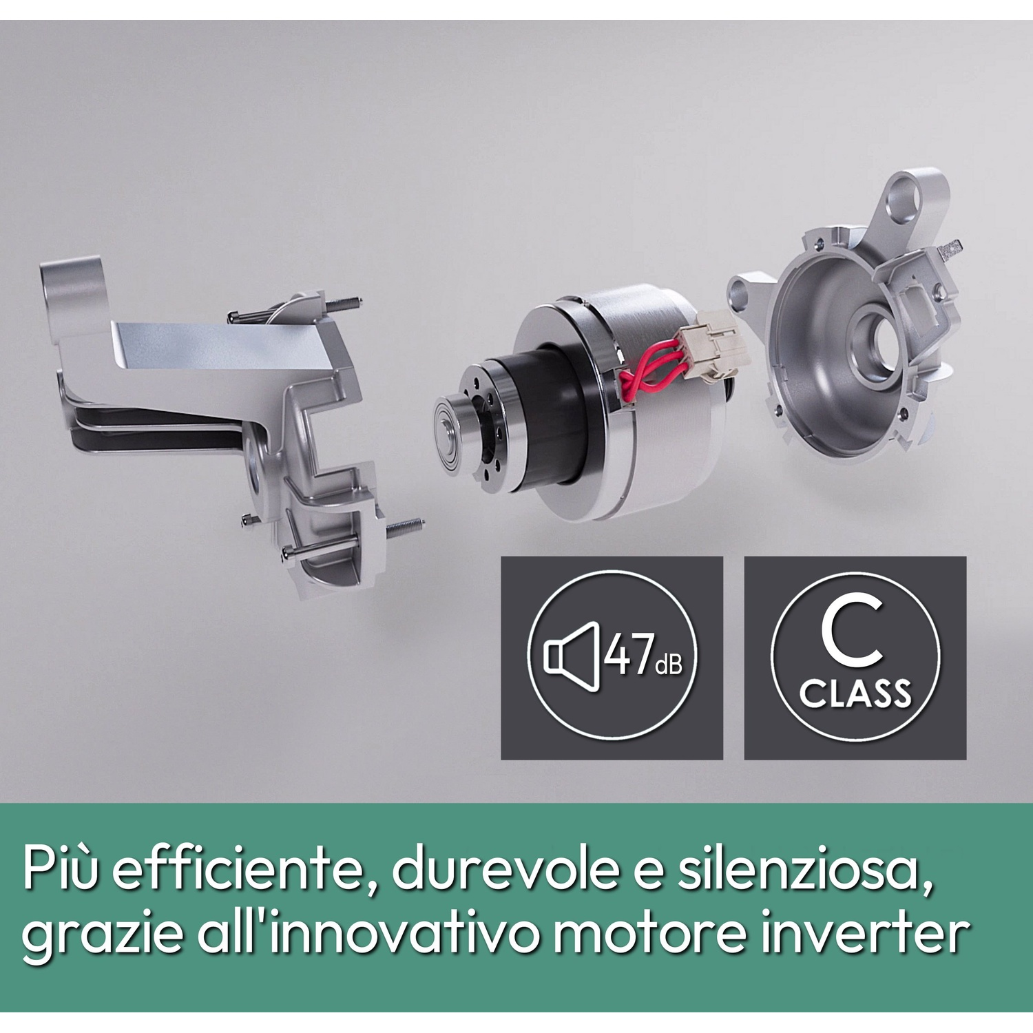 Vista esplosa di un motore di elettrodomestico con testo che lo descrive come più efficiente e silenzioso.