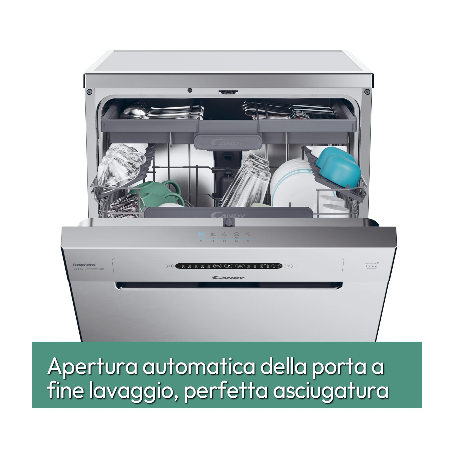 Lavastoviglie con porta aperta. All'interno, bicchieri e piatti visibili. Testo: apertura automatica porta.