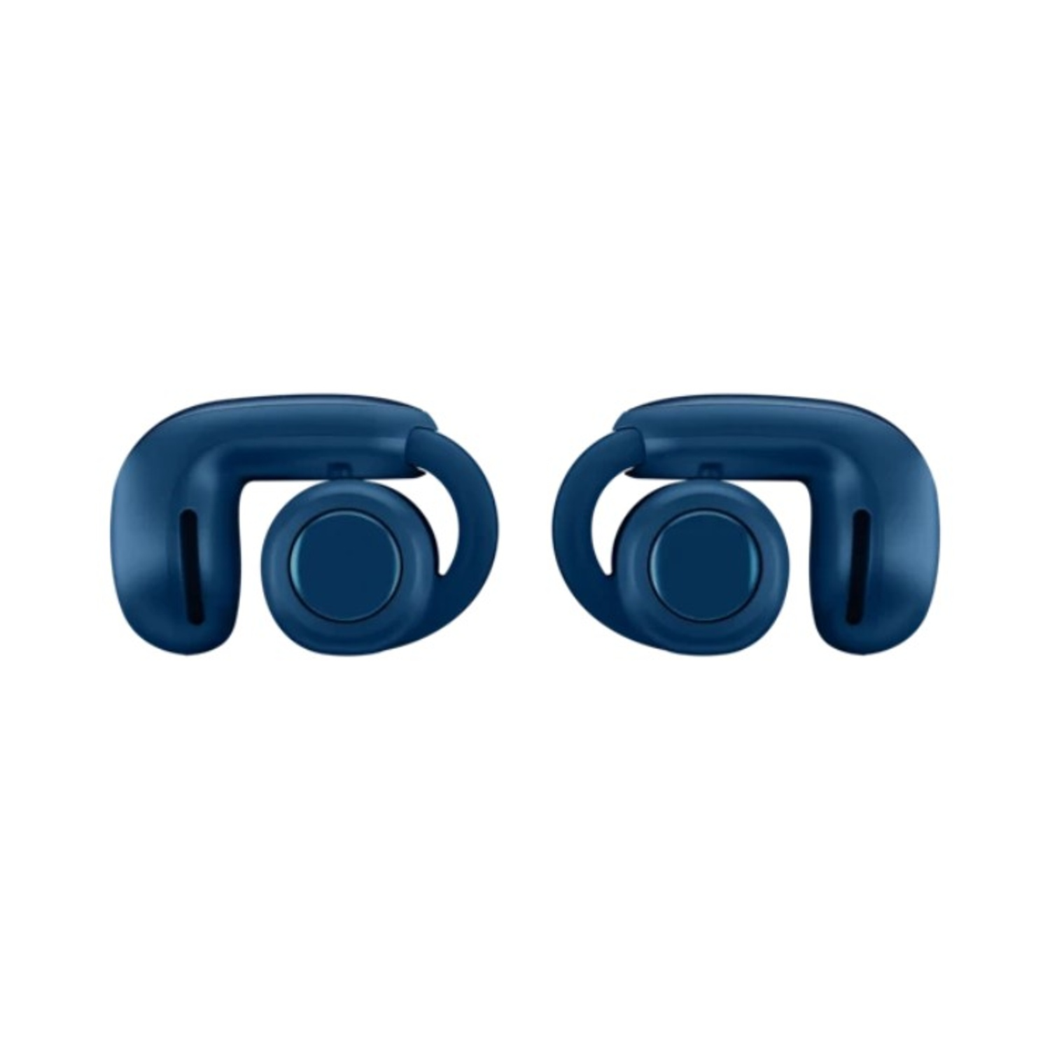 Due auricolari wireless blu. Ognuno ha un altoparlante circolare e un gancio per l'orecchio curvo.