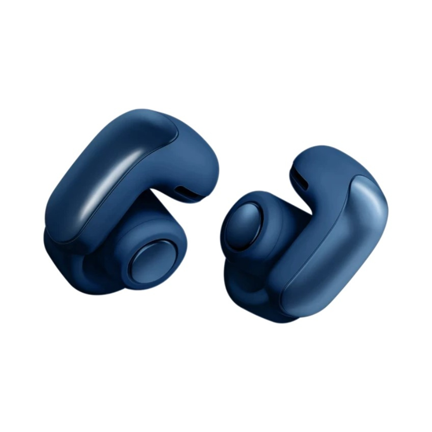 Due auricolari wireless blu. Sono angolati l'uno verso l'altro e hanno un design arrotondato.