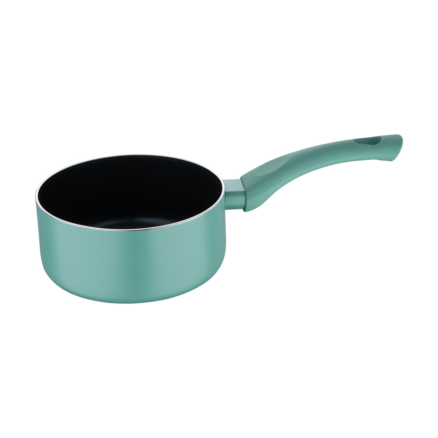 Una casseruola verde acqua con manico abbinato su sfondo bianco, angolata verso destra.