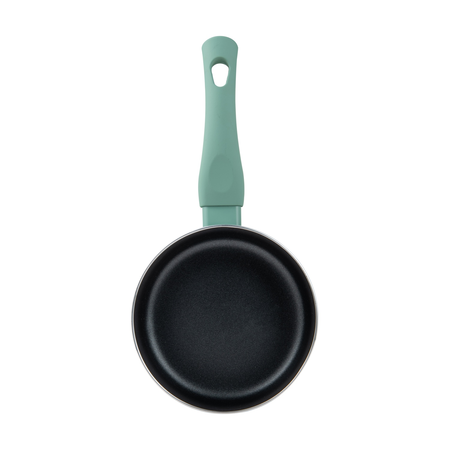 Piccola padella nera con manico verde, su sfondo bianco.