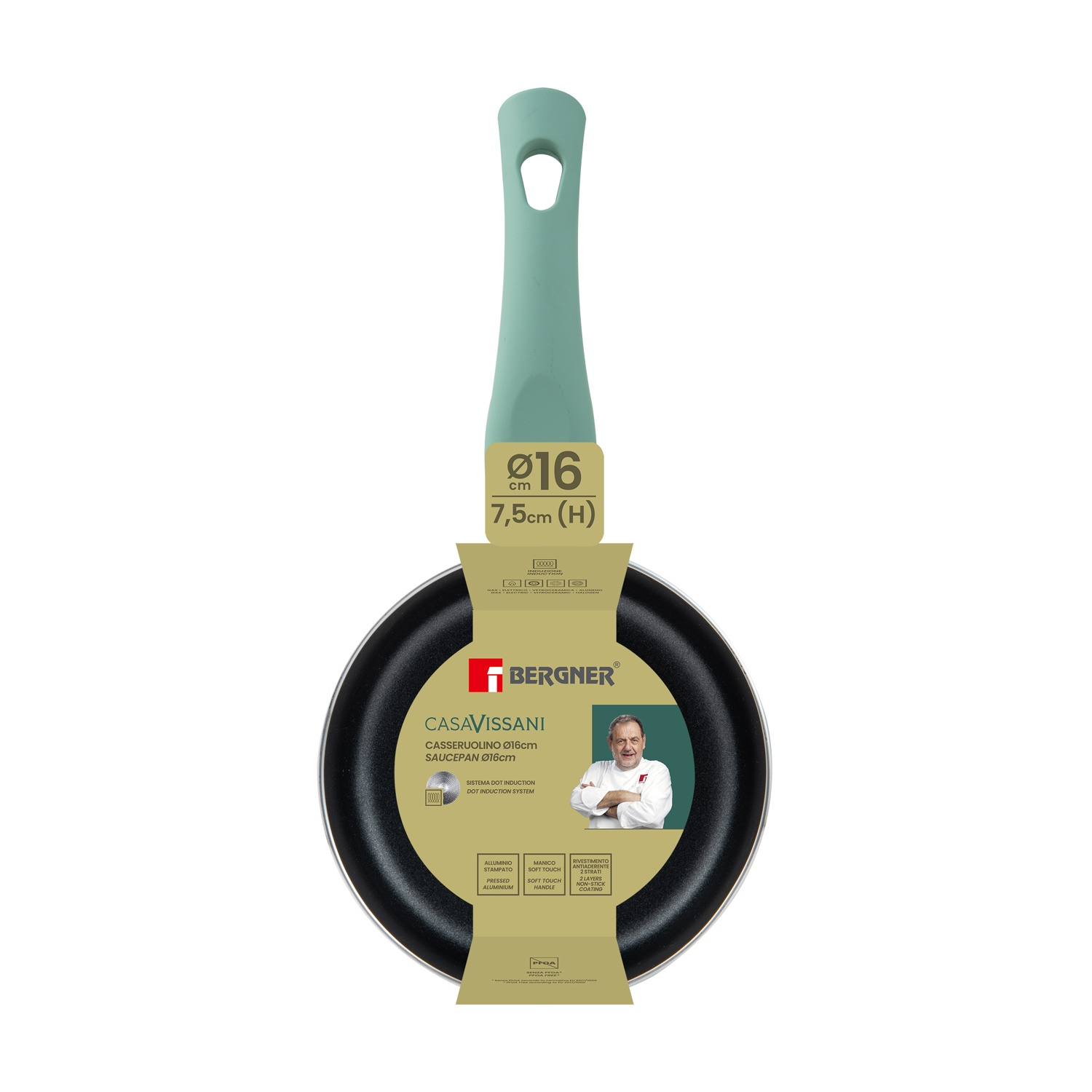 Una padella con manico verde e superficie di cottura nera. Testo e dettagli del marchio visibili.