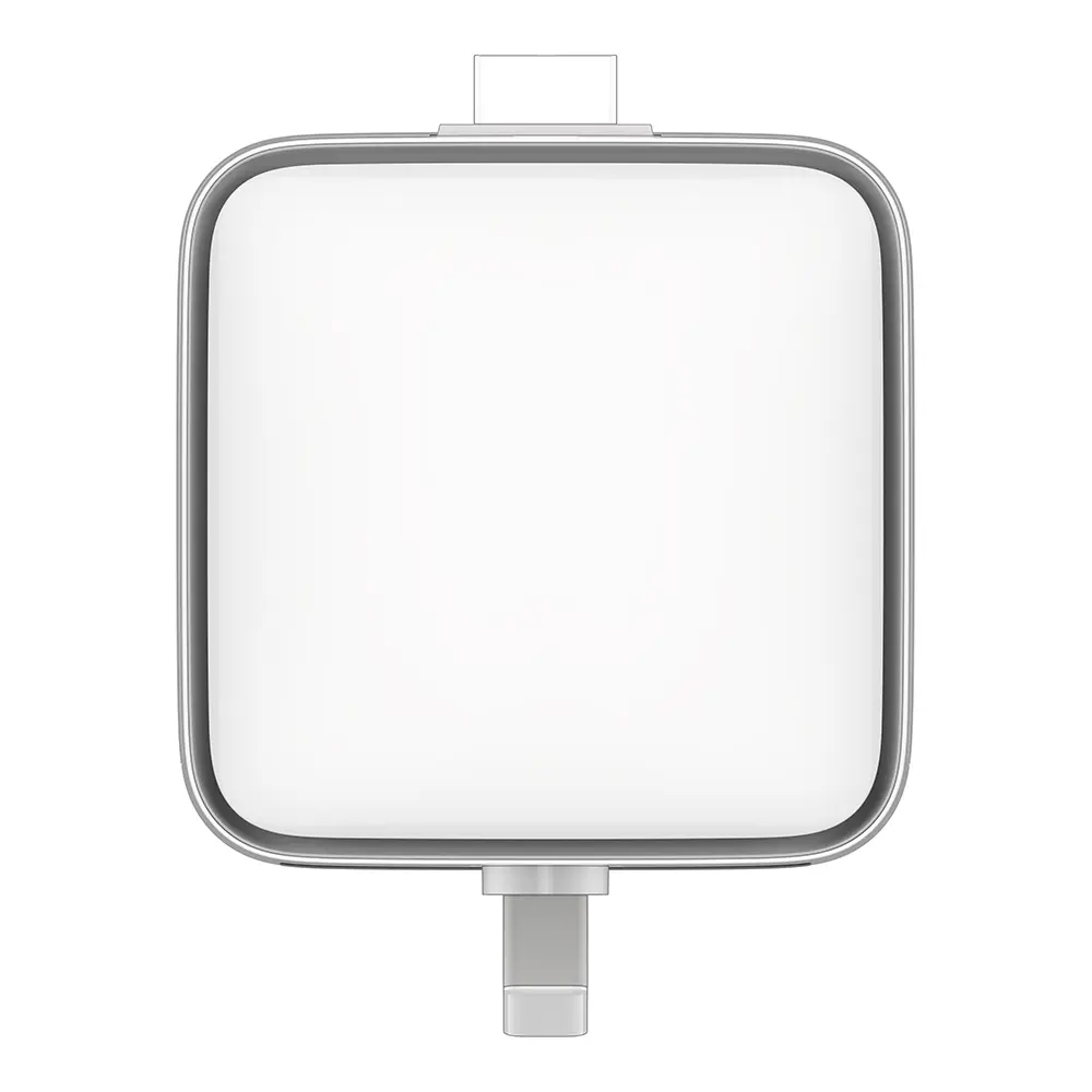 Małe, białe urządzenie o kształcie kwadratu z portem USB-C i prostokątnym portem.