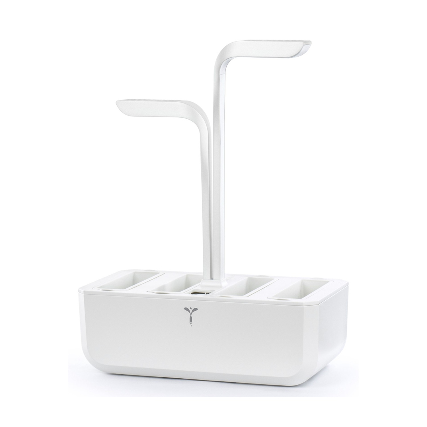 Un giardino interno bianco con luci a LED, progettato per coltivare piante. Isolato su sfondo bianco.