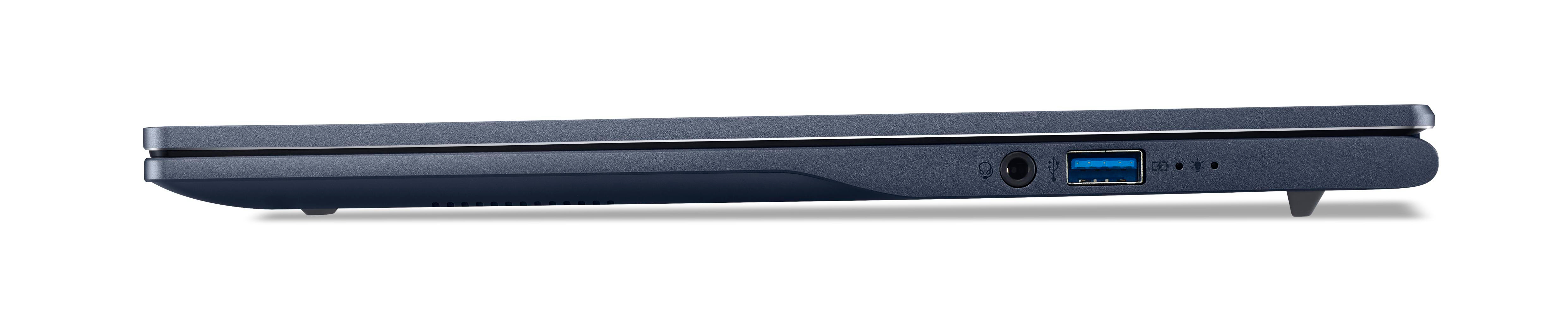 Seitenansicht eines marineblauen Laptops mit Anschlüssen und einem USB-Anschluss auf weißem Hintergrund.