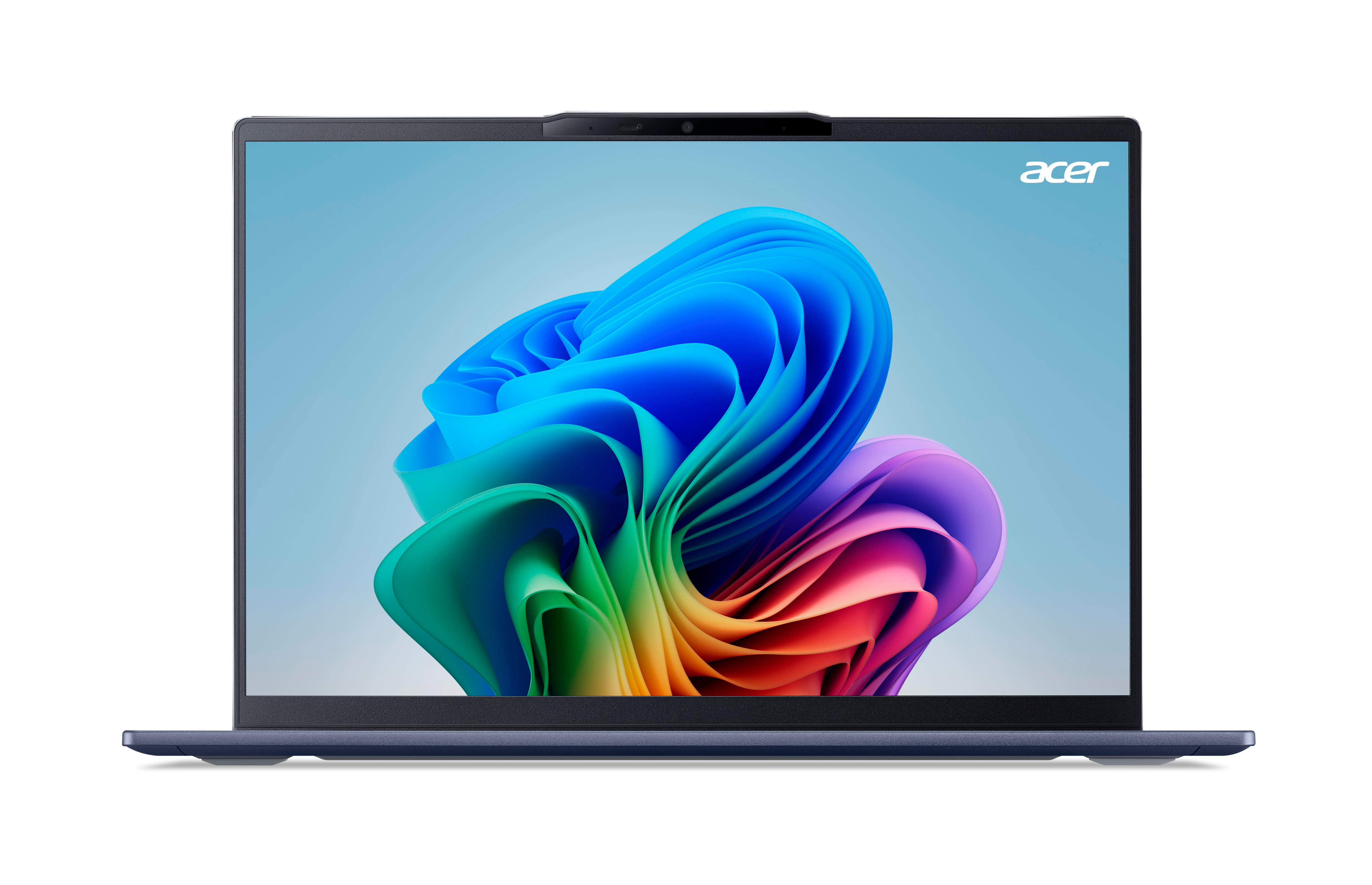 Laptop mit buntem, abstraktem Hintergrundbild. Weißer Hintergrund. Acer Logo.