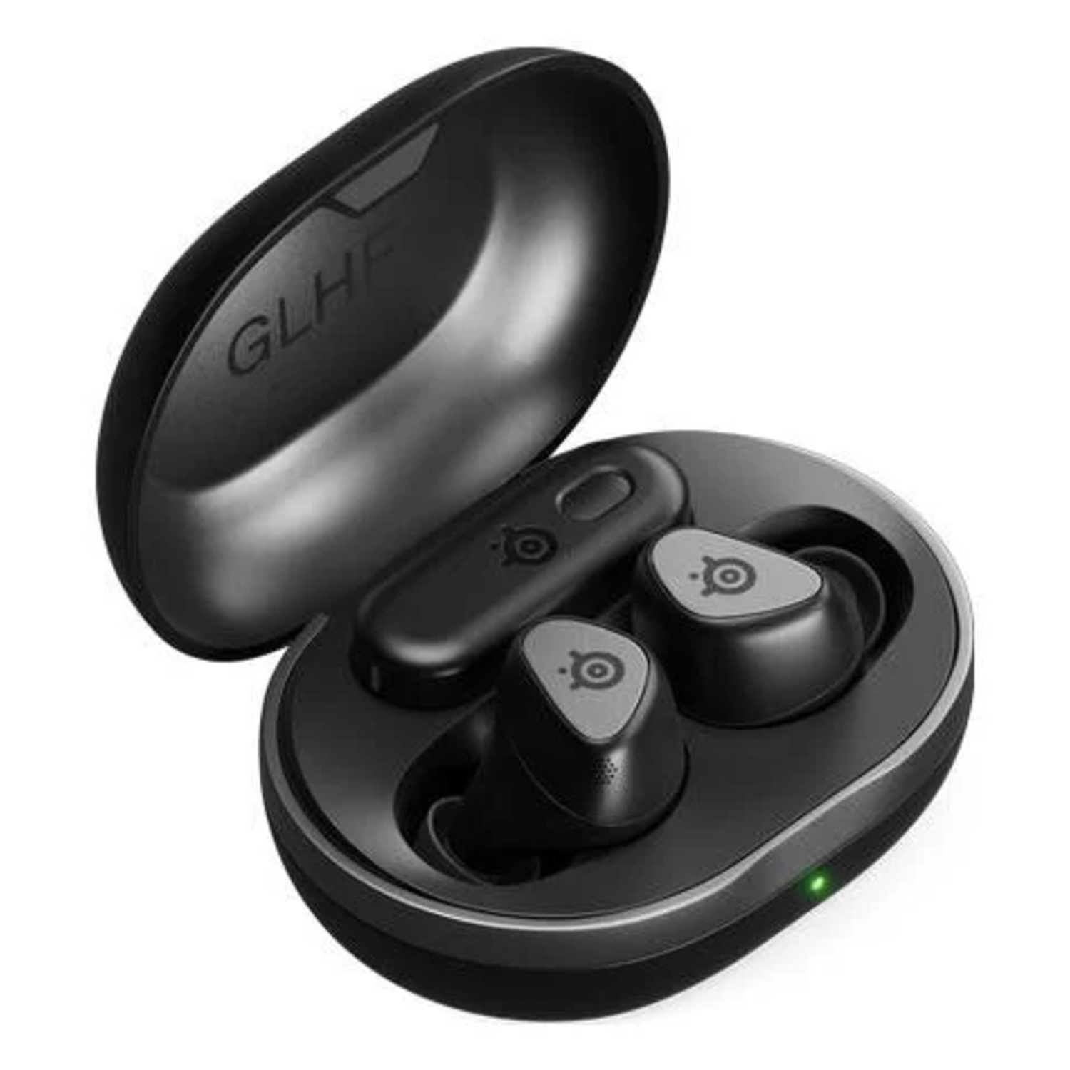 Black earbuds in a black charging case, opened to show the buds. Isolated against white background.