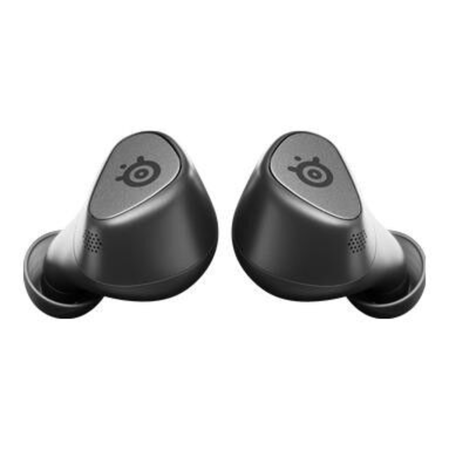 Two black wireless earbuds.  Each earbud has a logo on the side.