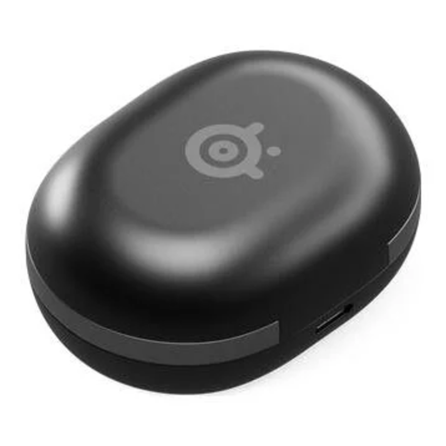 Black oval SteelSeries headset case with logo and charging port.