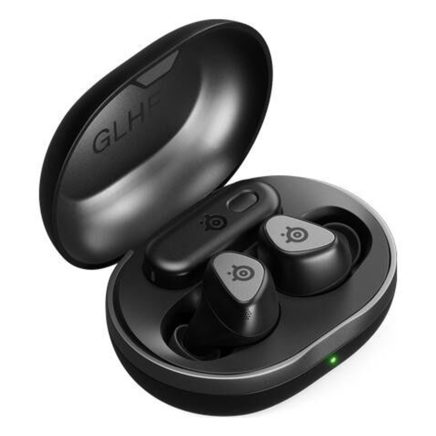 Black wireless earbuds inside their charging case, opened on white surface.