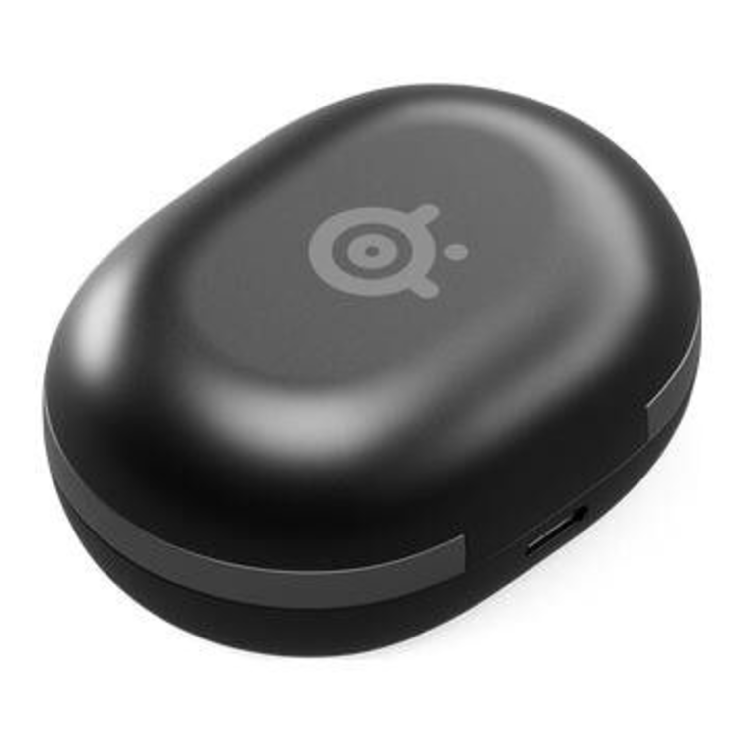 Black, oval-shaped earbud charging case with a silver logo on top and a USB-C port.