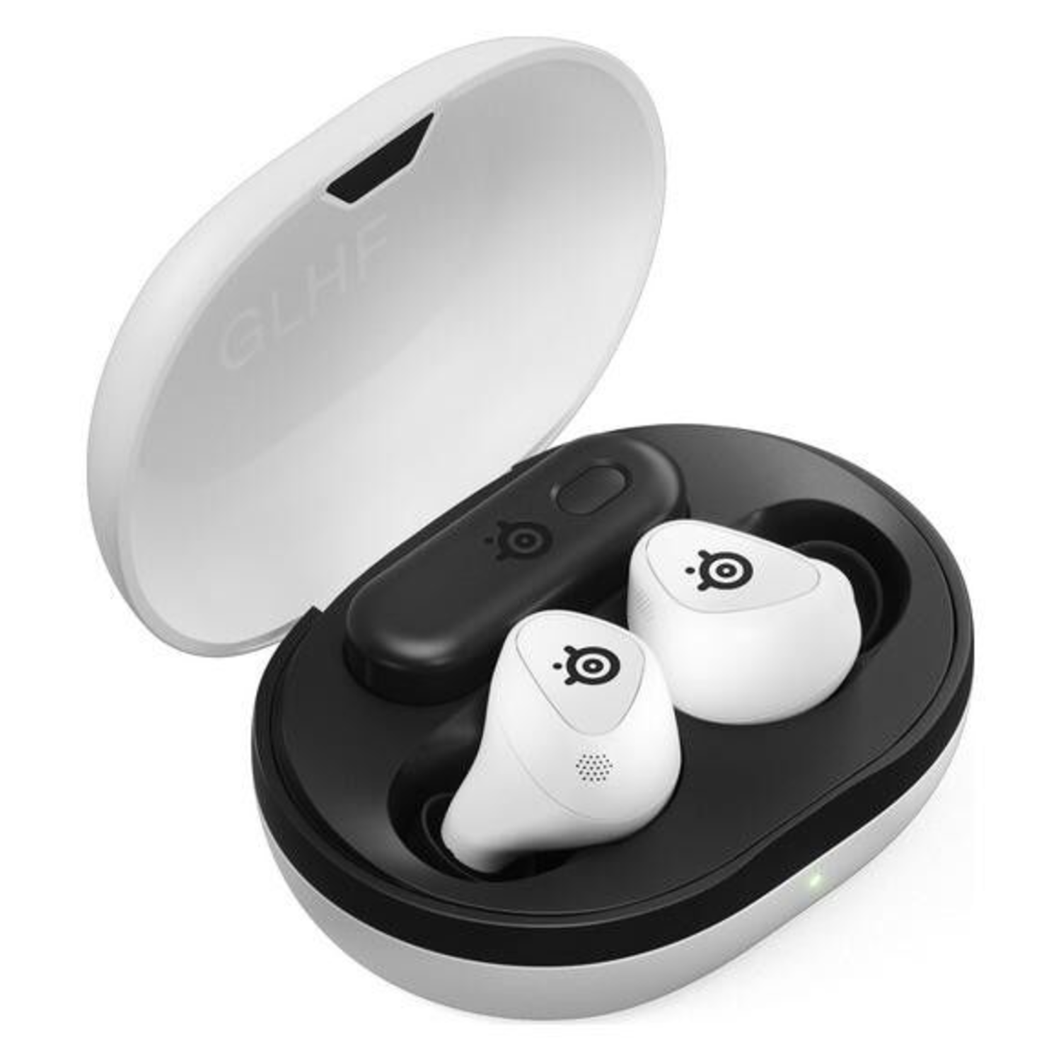 White SteelSeries earbuds with a black charging case. The case is open, showing the earbuds inside.