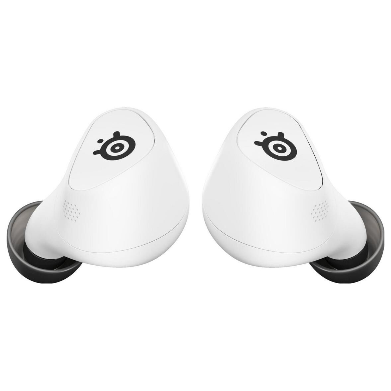 Two white wireless earbuds with black ear tips, positioned on a white background.