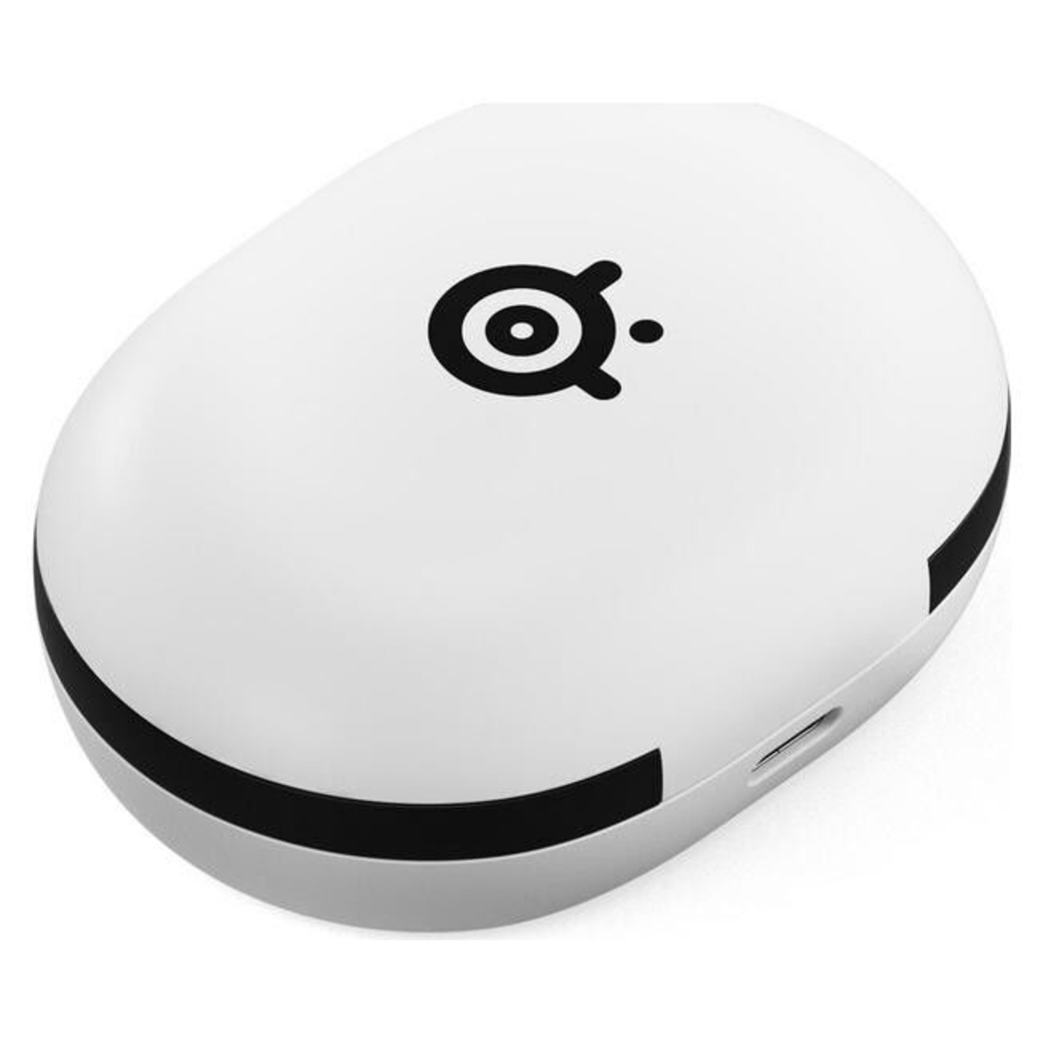 White, oval-shaped, wireless charging pad. Black logo on top, black trim on the sides.