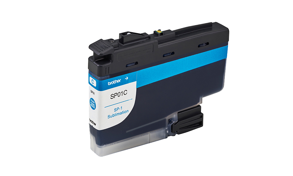 Eine Brother-Tintenpatrone mit der Bezeichnung SP01C. Die Patrone ist blau und schwarz.