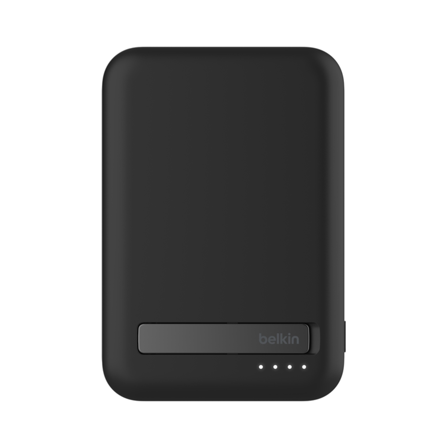 Un caricabatterie portatile Belkin nero. C'è un pulsante nero e tre luci bianche in basso.