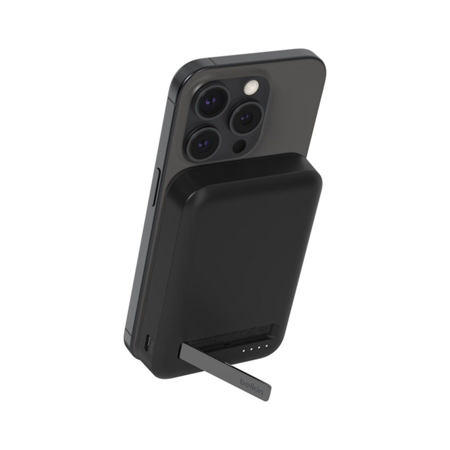 Caricabatterie portatile nero collegato a un telefono. Un supporto argentato è esteso.