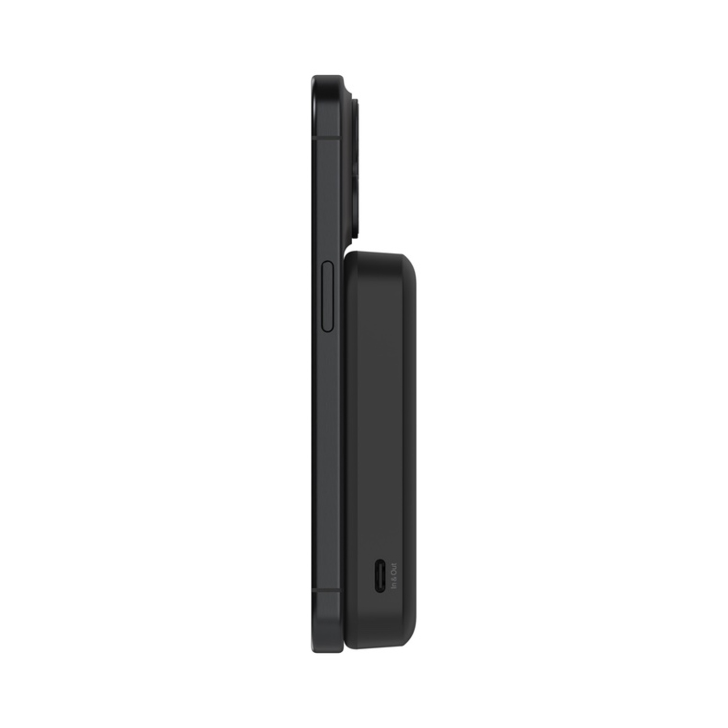 Telefono nero con power bank collegata, vista laterale, su sfondo bianco.