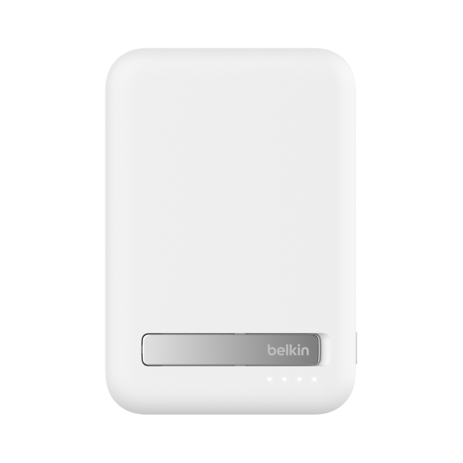 Un power bank Belkin rettangolare bianco con un pulsante argentato e indicatori LED.