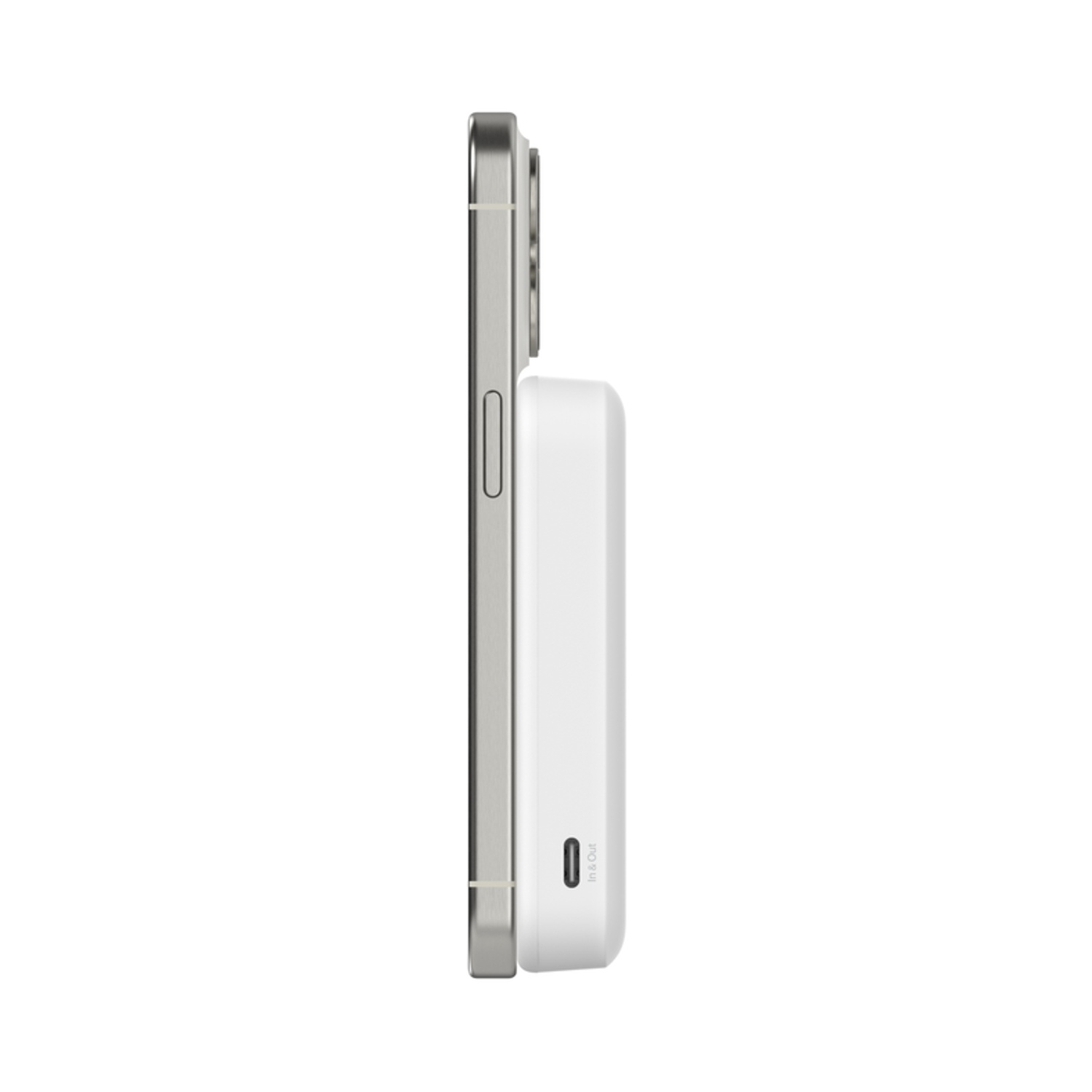 Telefono argentato collegato a un power bank bianco, vista laterale.