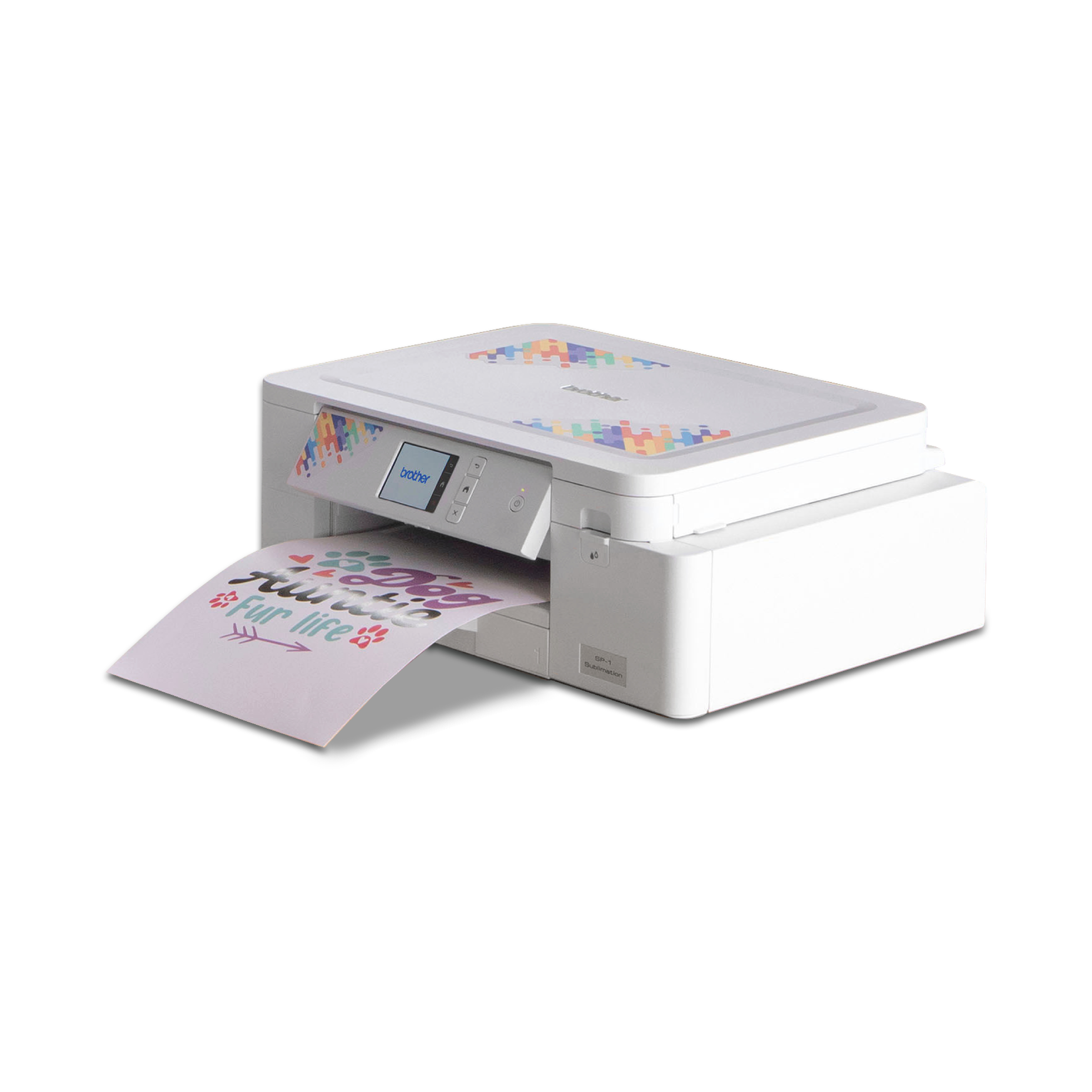 Weißer Drucker, der ein farbenfrohes Design auf Papier druckt. Das Design sagt 'fur life'.
