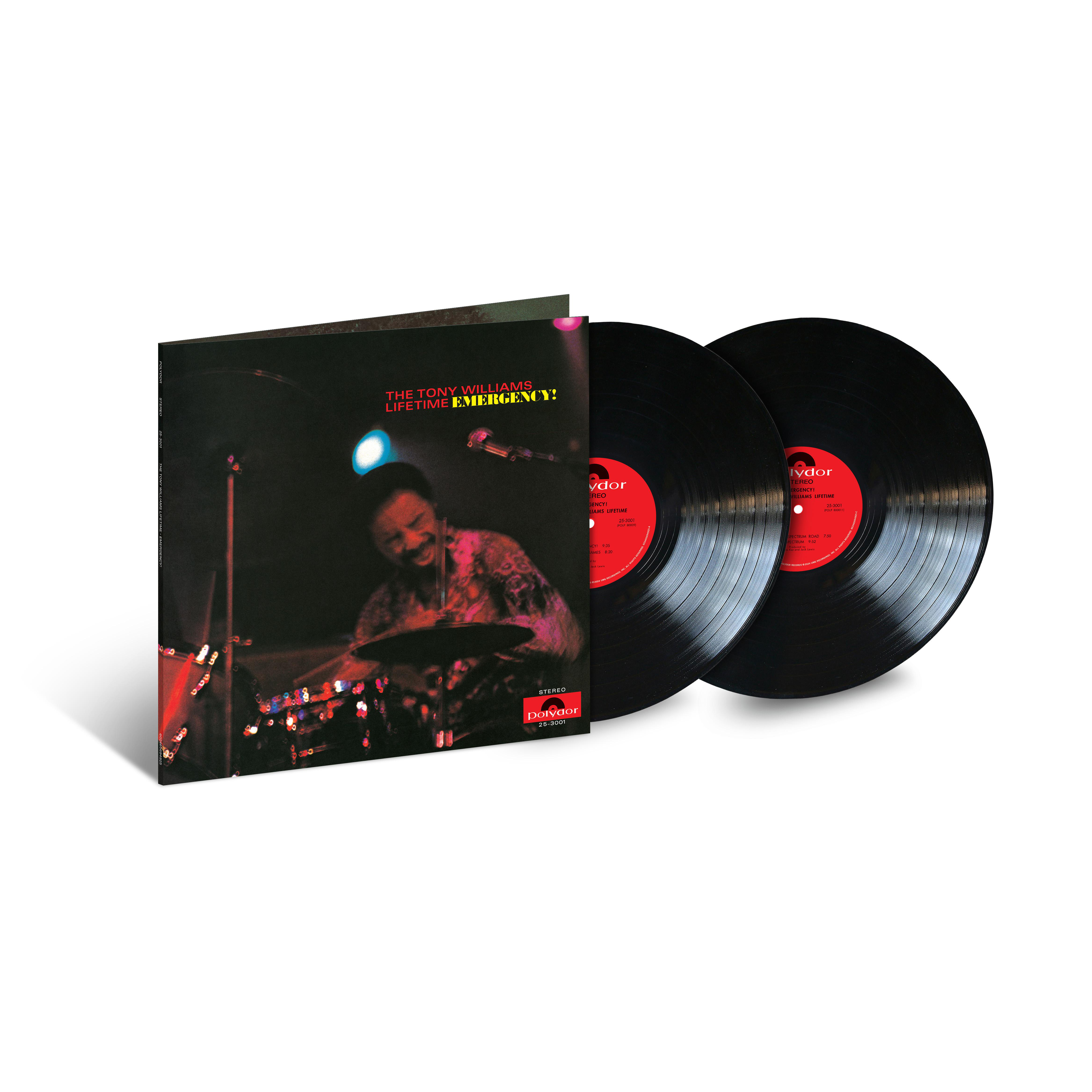 Zwei schwarze Vinyl-Schallplatten mit roten Etiketten in einer Hülle, auf weißem Grund.