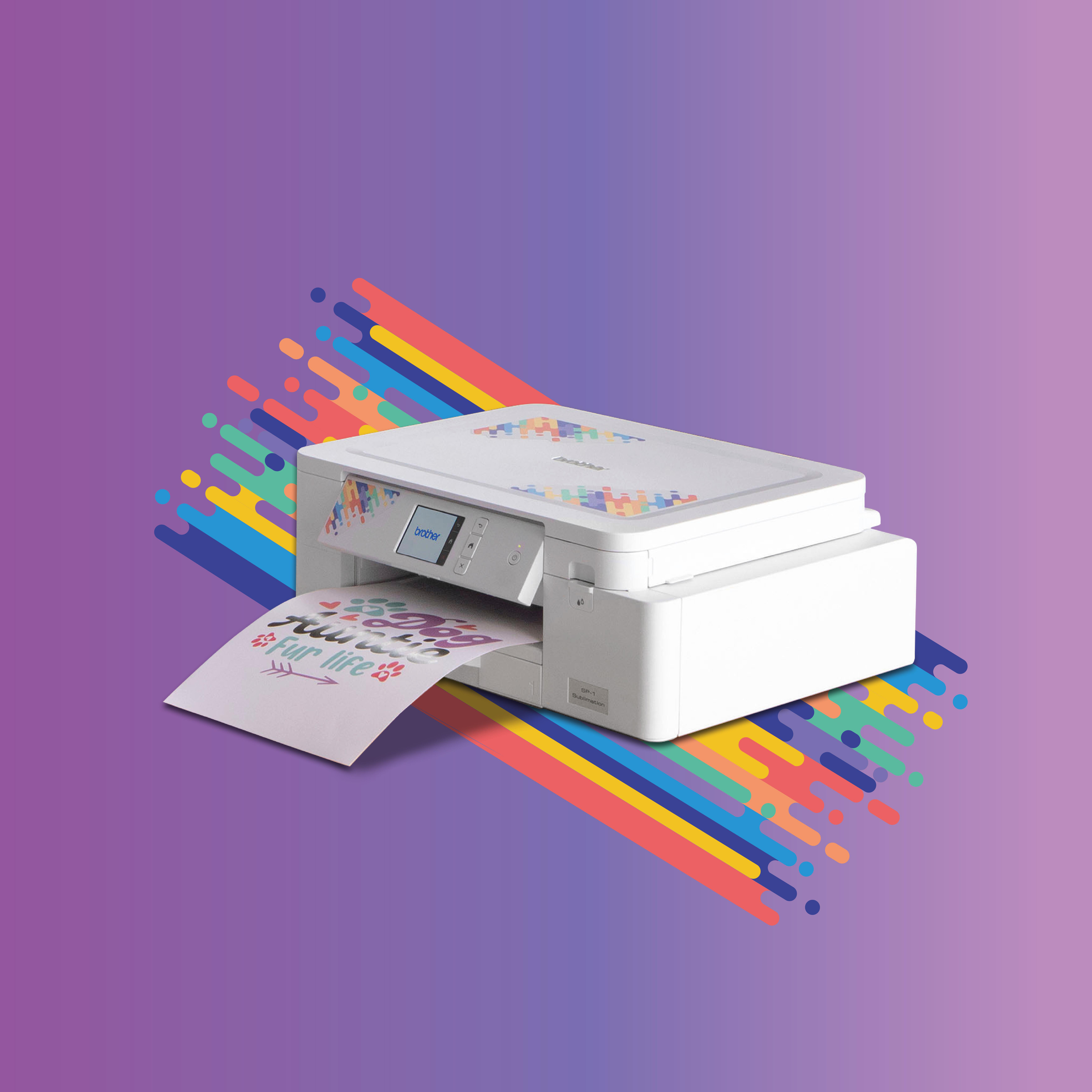 Weißer Drucker mit einem Ausdruck eines Designs auf buntem Hintergrund.