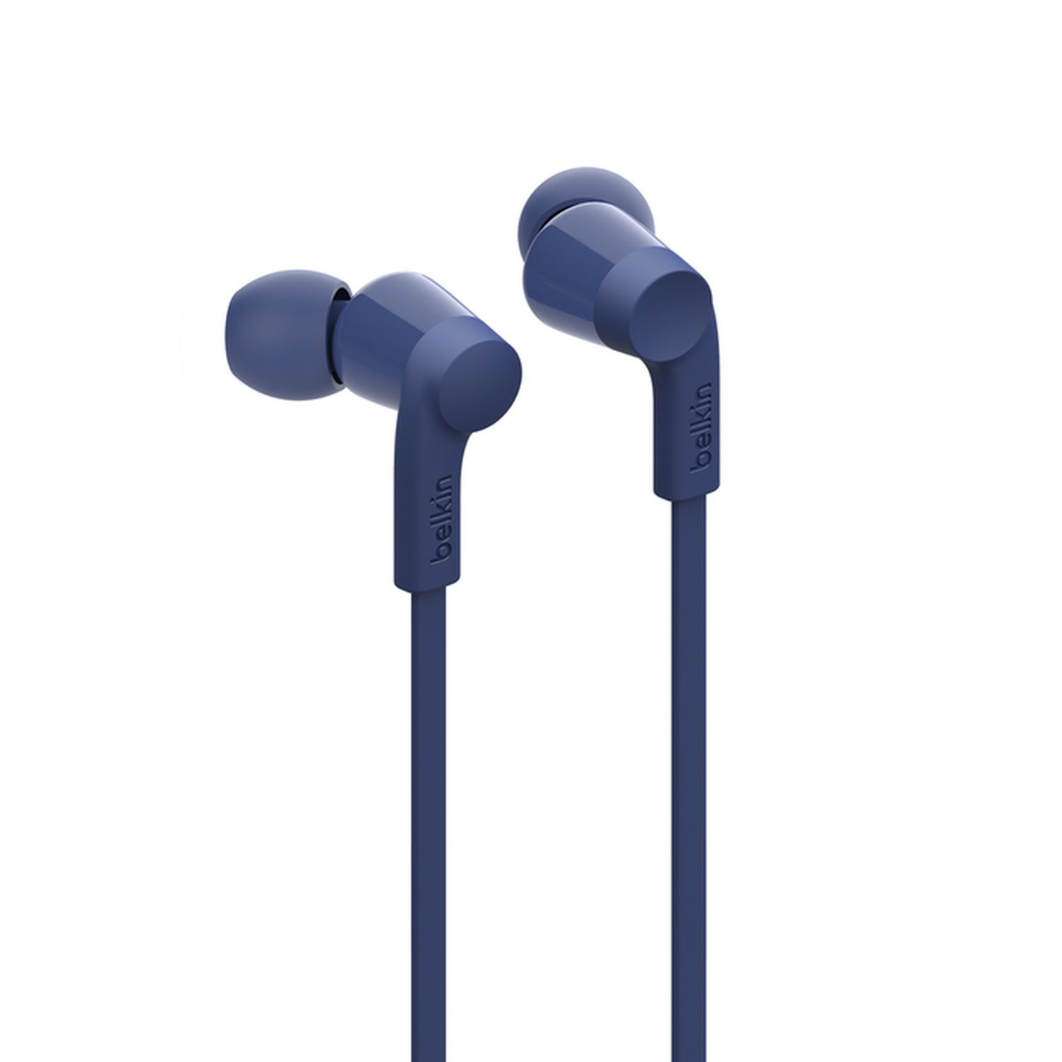 Due auricolari Belkin blu con cavi. Sfondo bianco.