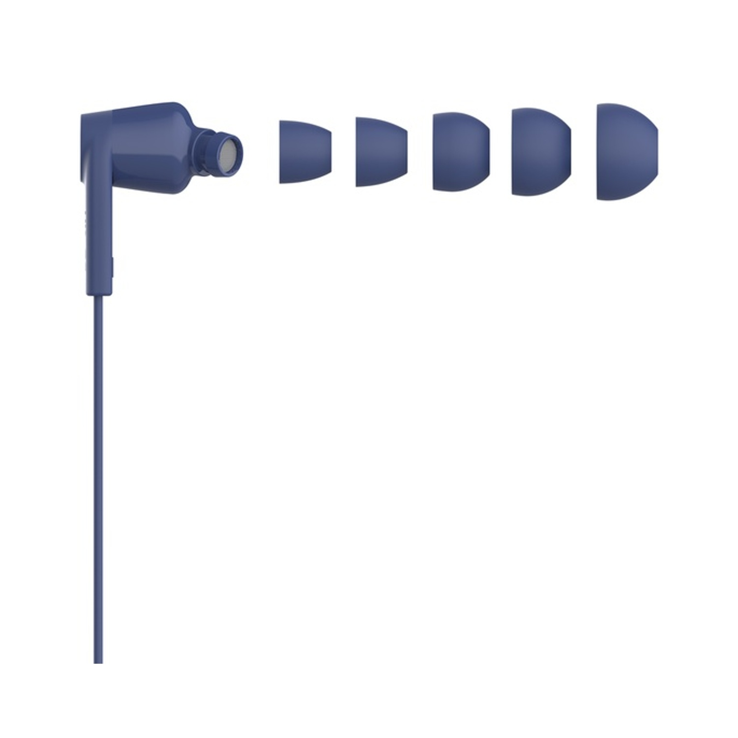 Auricolare blu con quattro punte di diverse dimensioni. L'auricolare è sul lato sinistro su sfondo bianco.