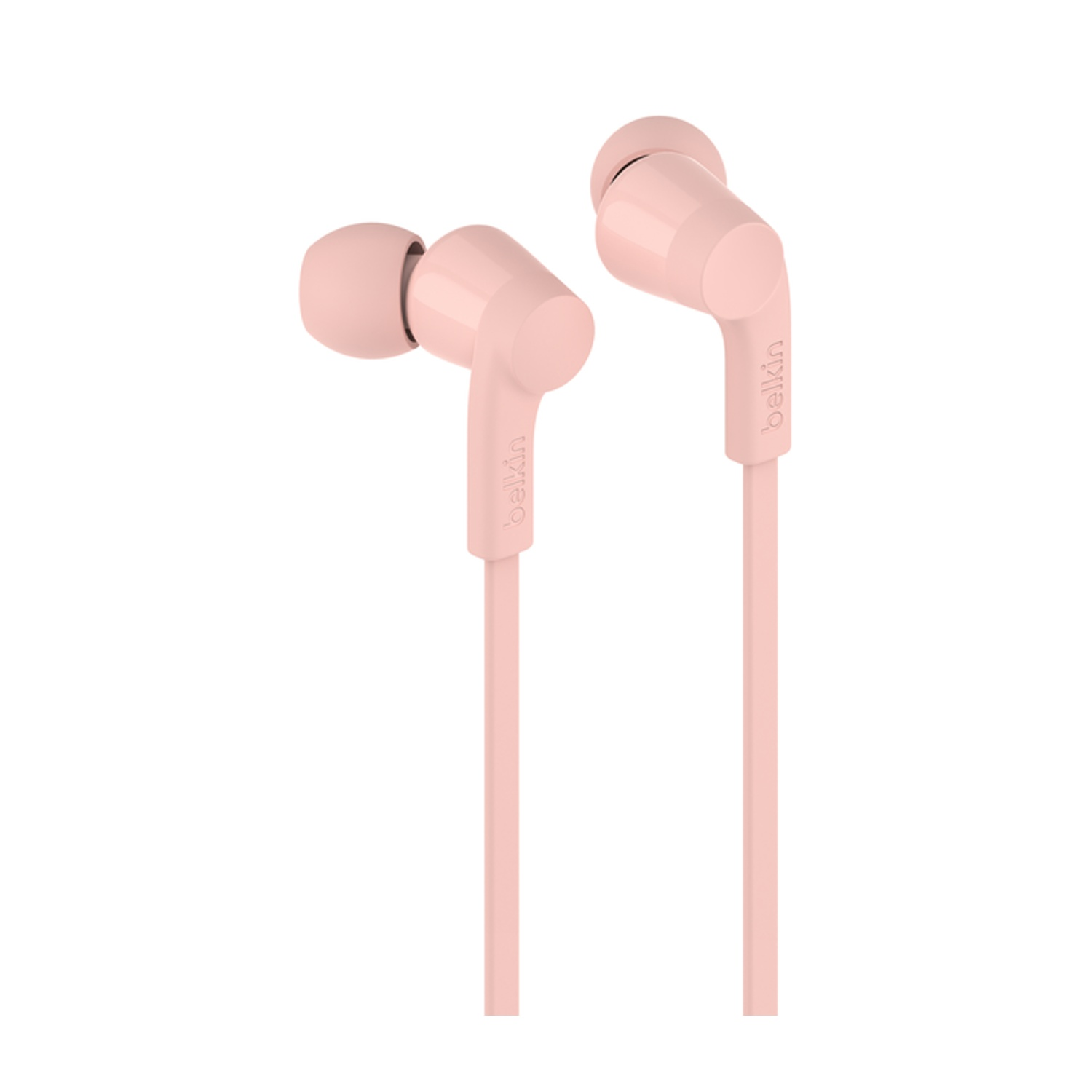 Due auricolari rosa Belkin su sfondo bianco, che mostrano il design.
