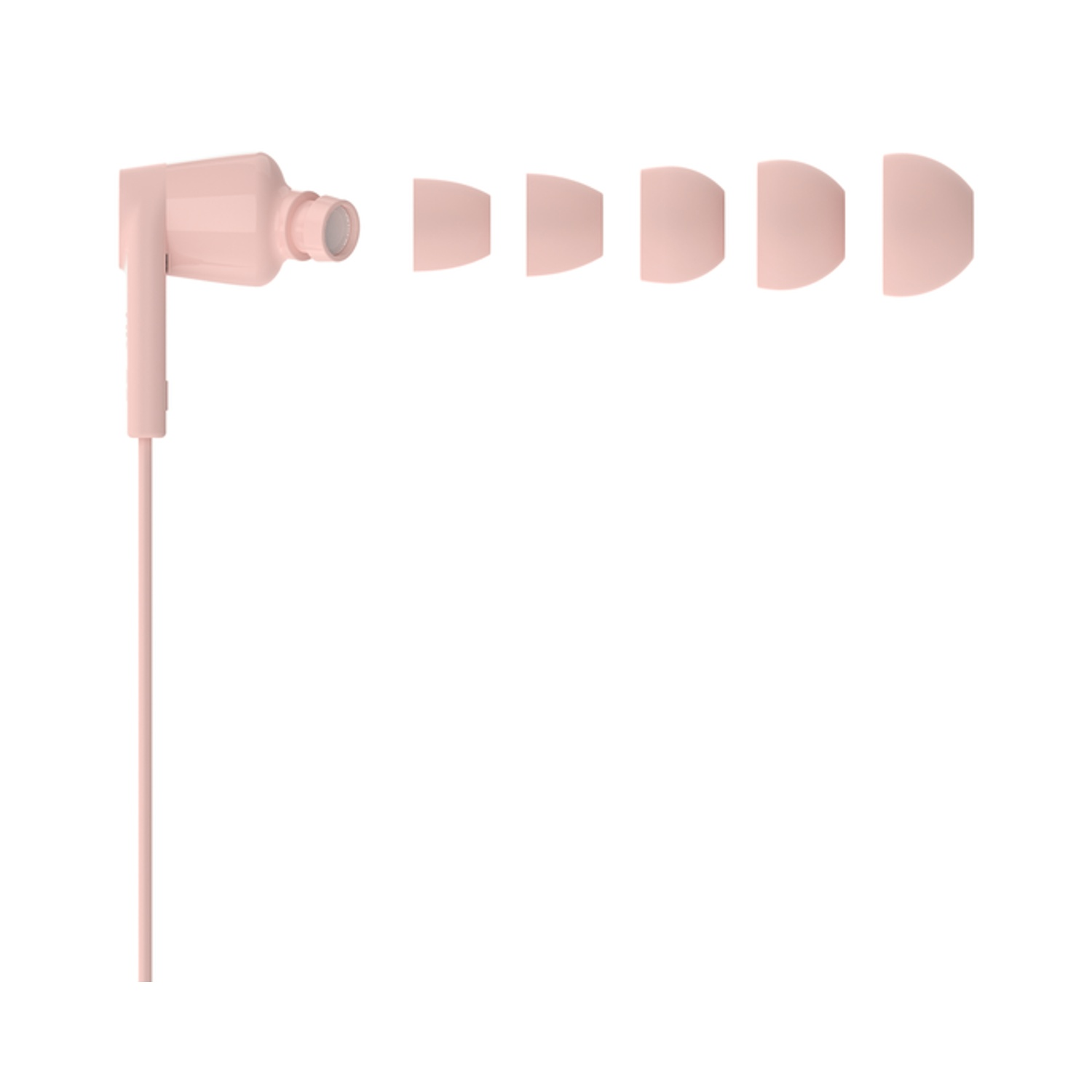 Auricolari rosa e gommini extra su sfondo bianco. Gli auricolari sono staccati, mostrando i gommini.