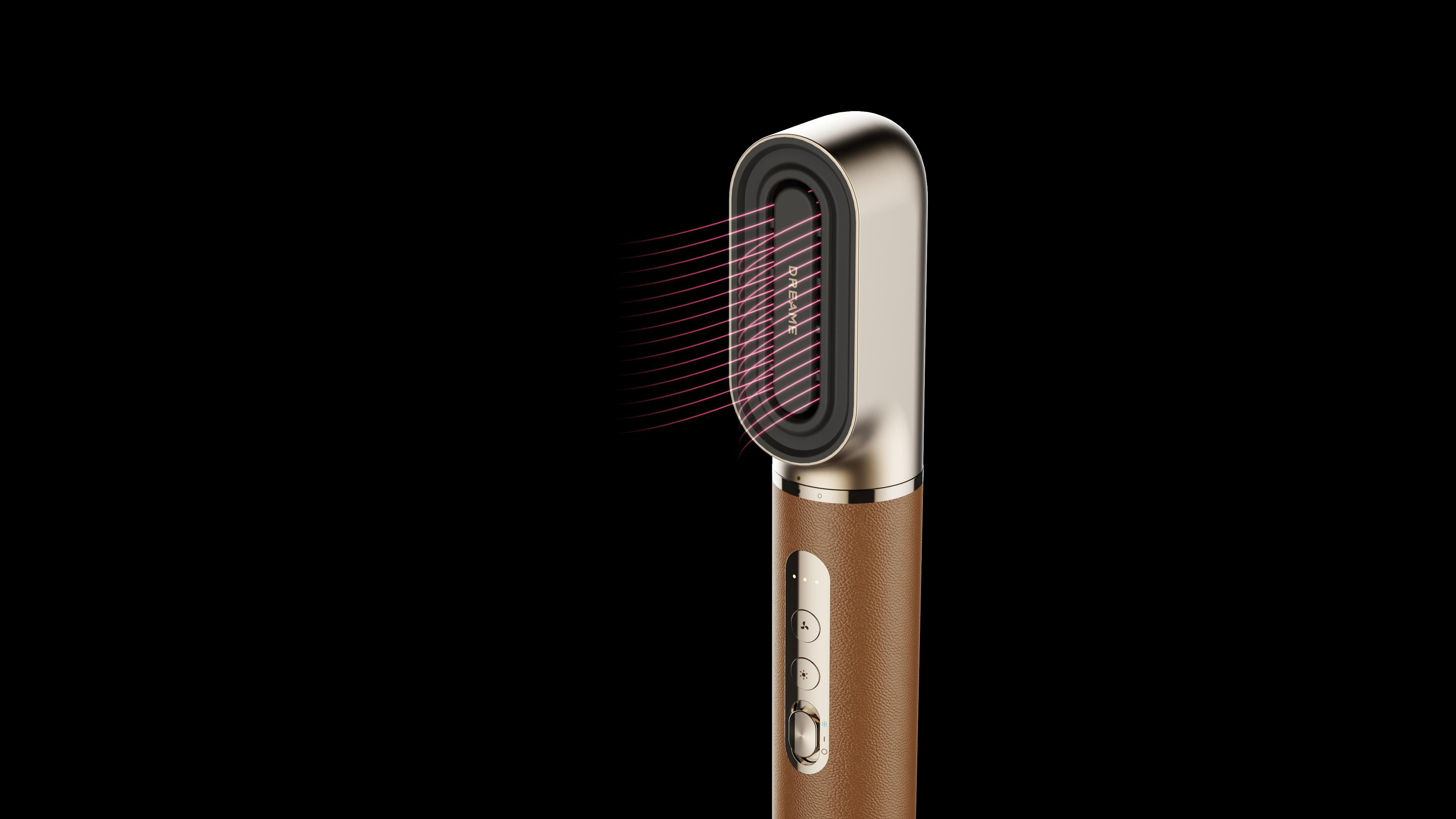Ein Haarstyler mit braunem Griff und goldenen Details, der Luft ausbläst.