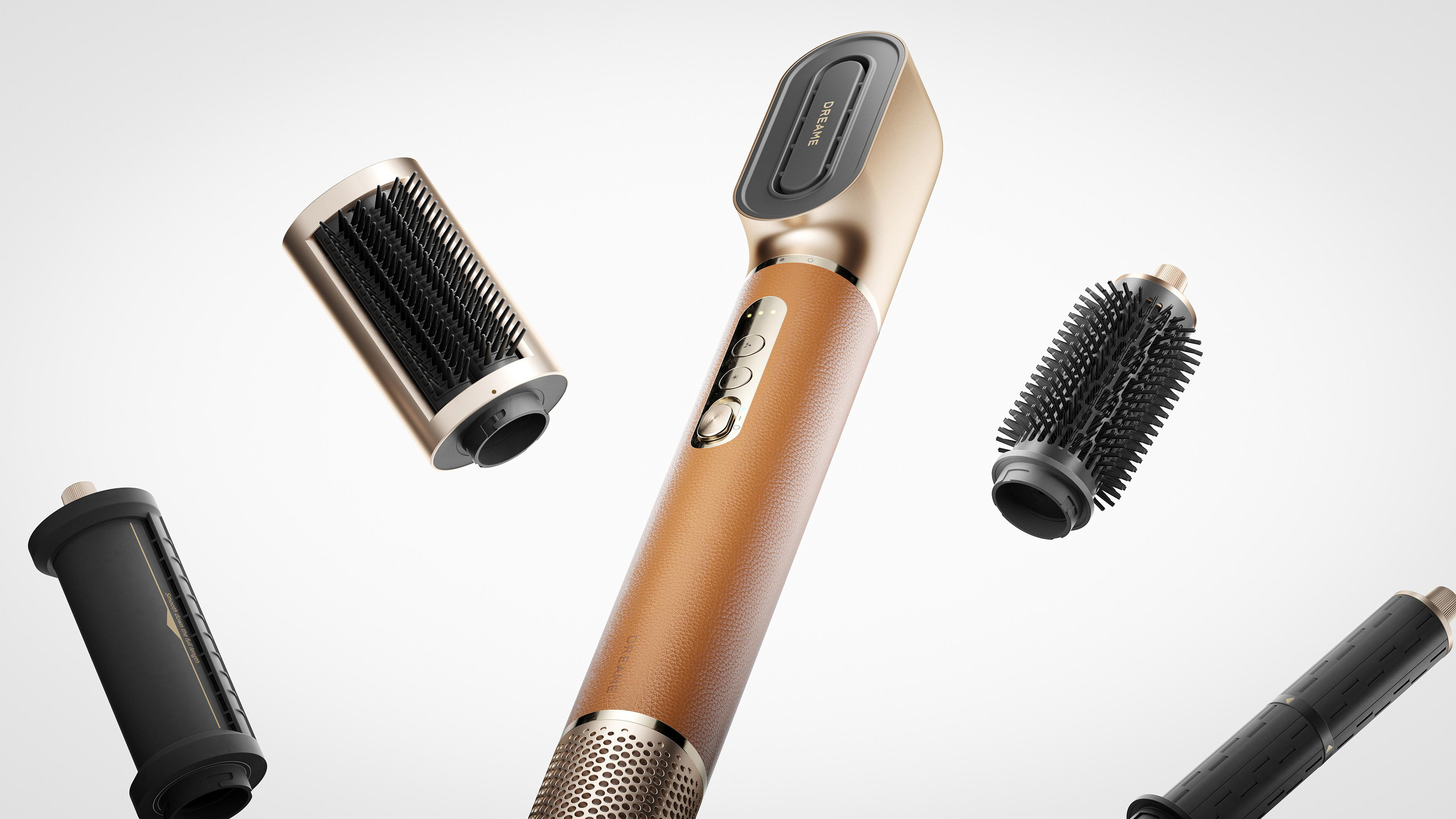 Haarstyling-Werkzeug mit mehreren Aufsätzen. Gold- und Brauntöne. Weißer Hintergrund.