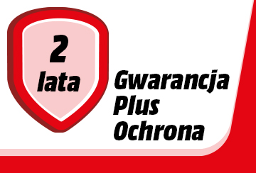 Czerwono-biała grafika. Tekst: 2 lata (lata), Gwarancja Plus Ochrona (Gwarancja Plus Ochrona).