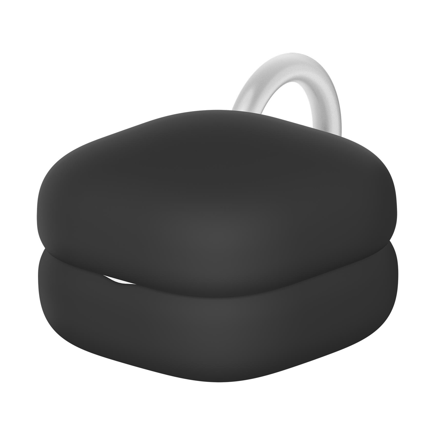 Auricolare nero arrotondato con un anello argentato.