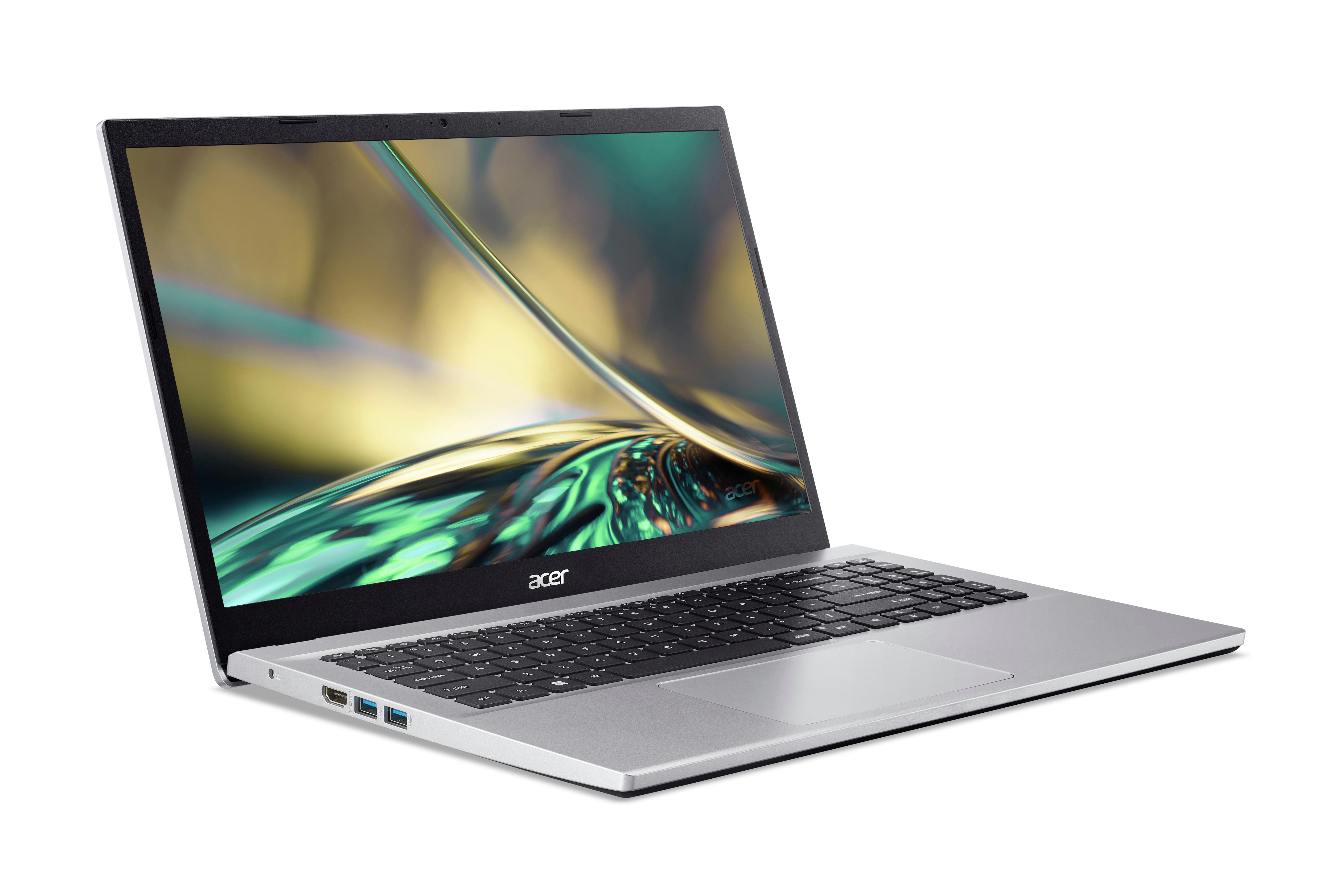 Ein silberner Laptop mit einem Bildschirm, der ein farbenfrohes Bild zeigt, vor weißem Hintergrund.