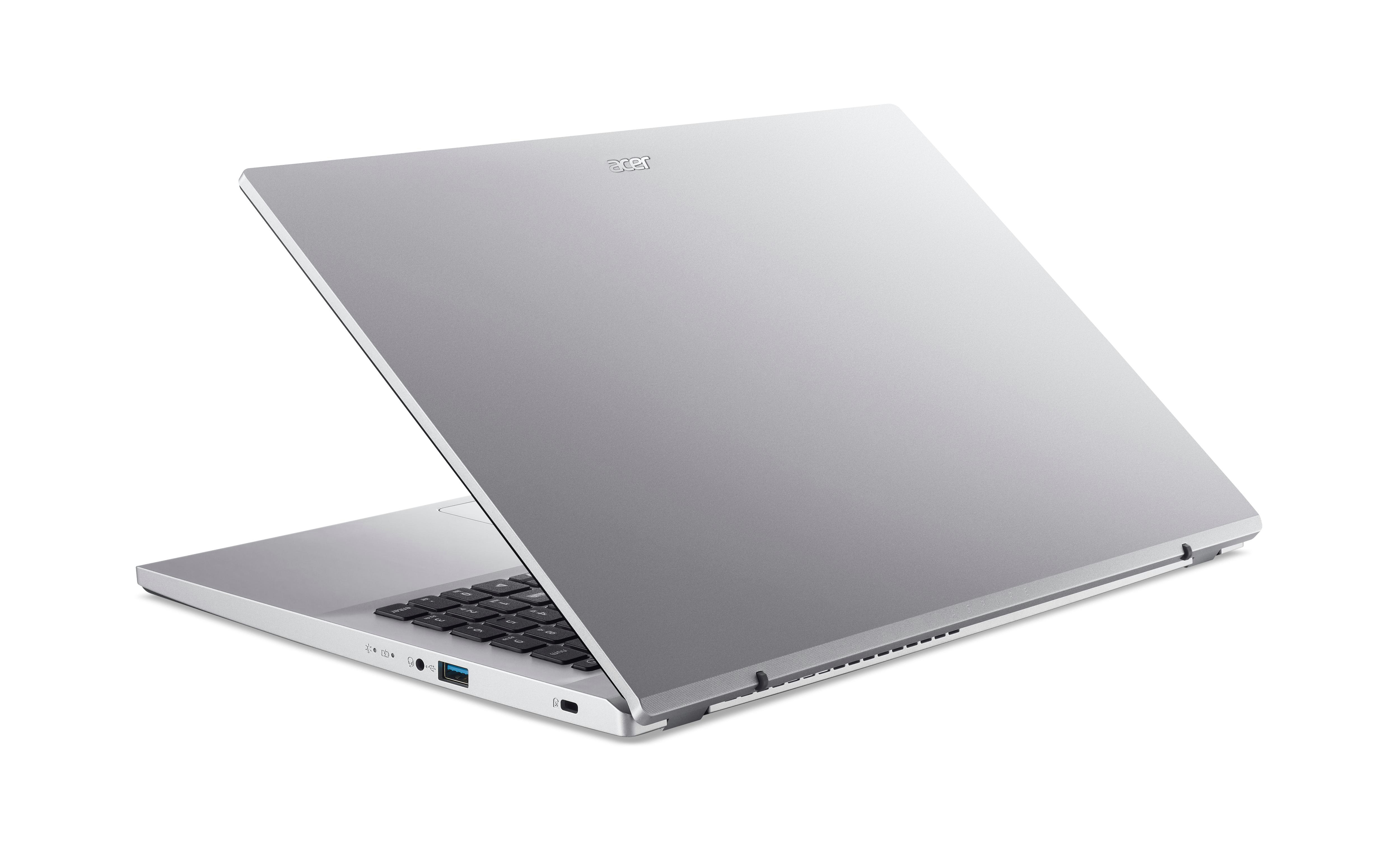 Silberner Laptop mit geöffnetem Bildschirm, der die Tastatur und das Acer-Logo zeigt.