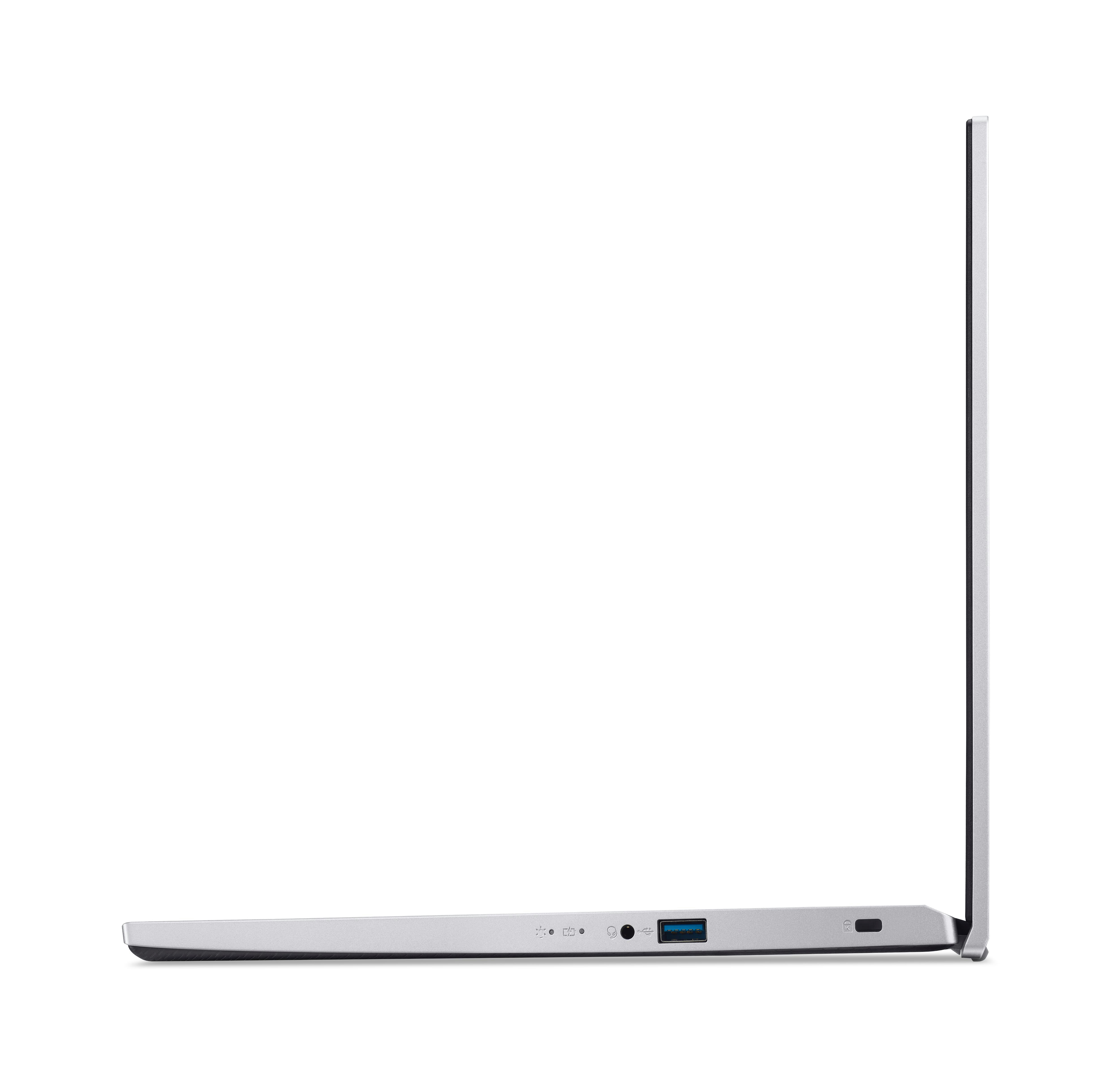 Seitenansicht eines silbernen Laptops, mit Anschlüssen und einem Bildschirm.